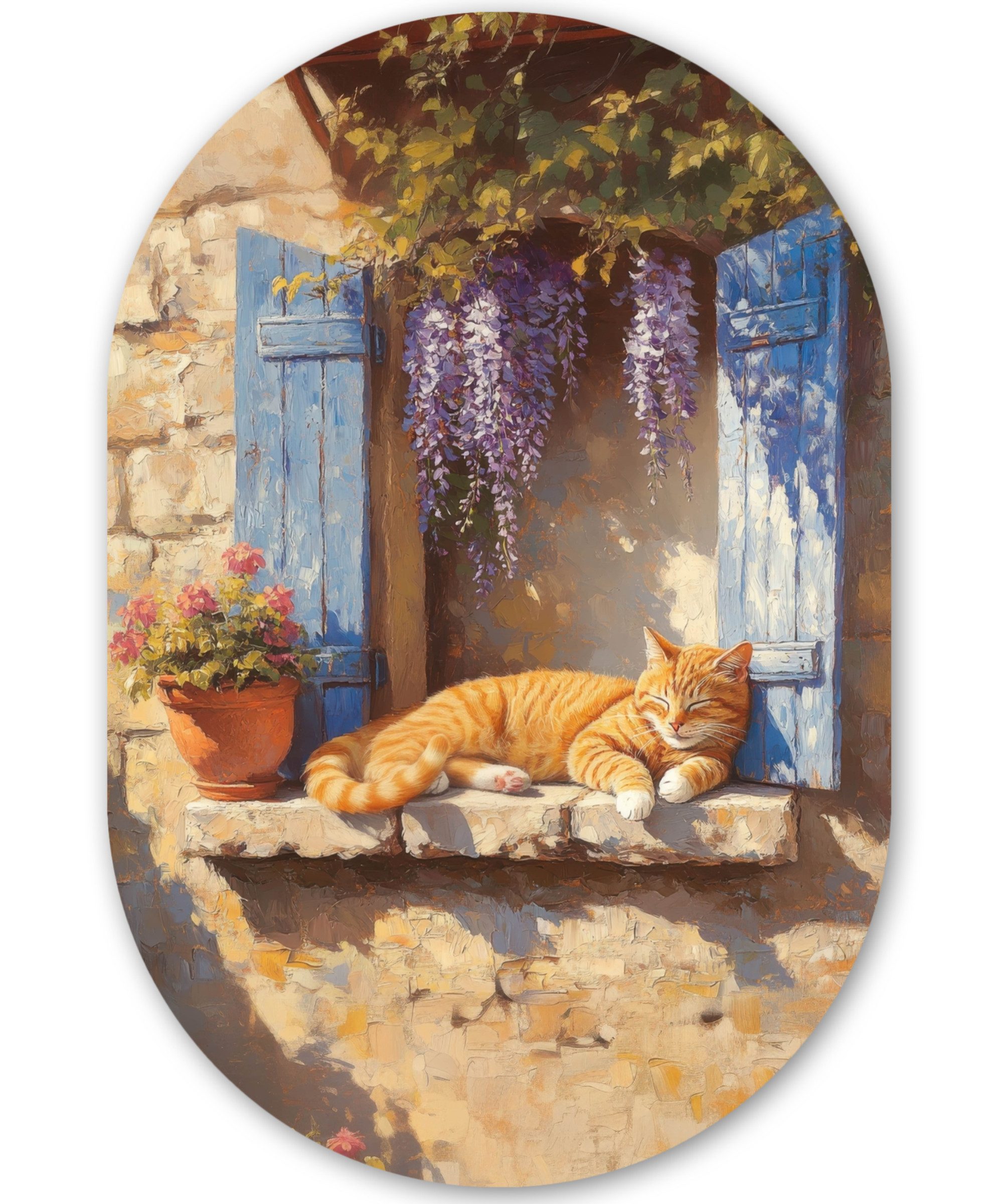 MuchoWow Gemälde Katze - Fensterbank aus Stein - Blumen, Fotodruck (1 St), Ovales Wandbild, Wanddeko Rund Flur oder Wohnzimmer, 80x120 cm