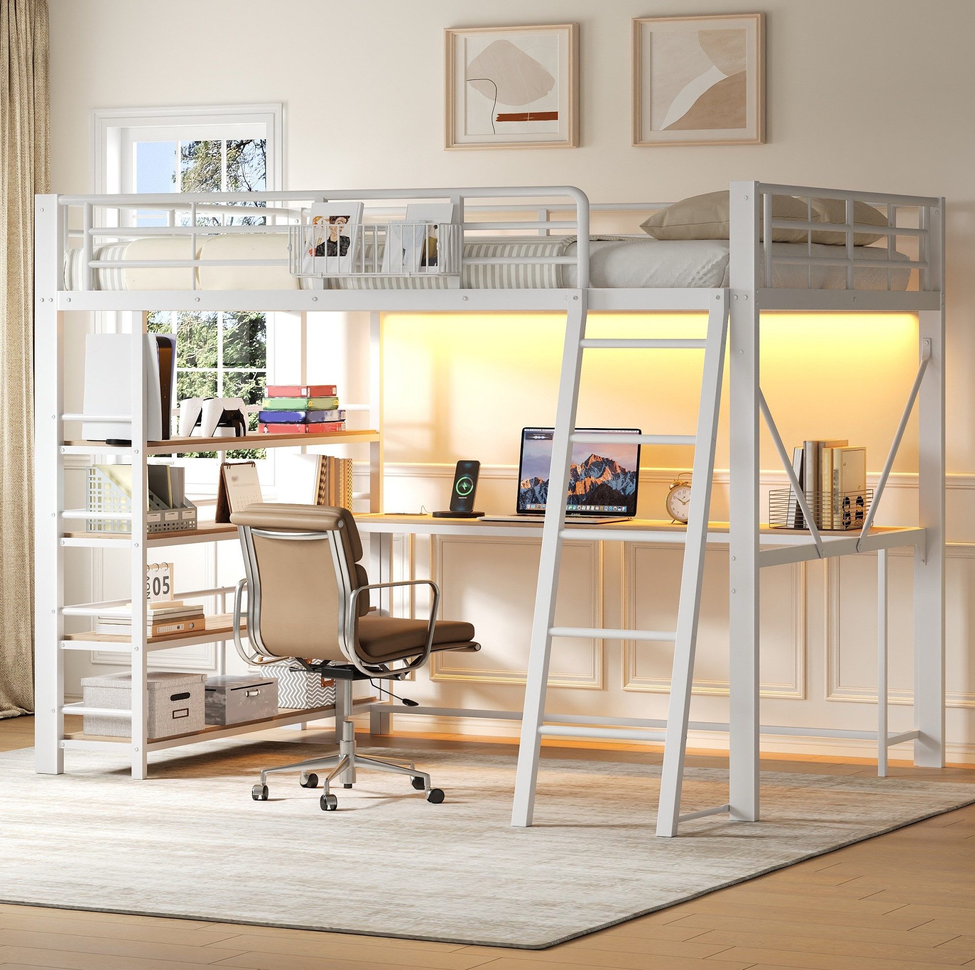 MODFU Hochbett Bett mit integriertem Tisch und praktischer USB Ladefunktion (Packung, 1-St., Erhöhtes Schlafbett mit Körben und flexiblen Staufächern) 140x200 cm Metallbett Aufbau Weiß mit LED Licht ohne Matratze