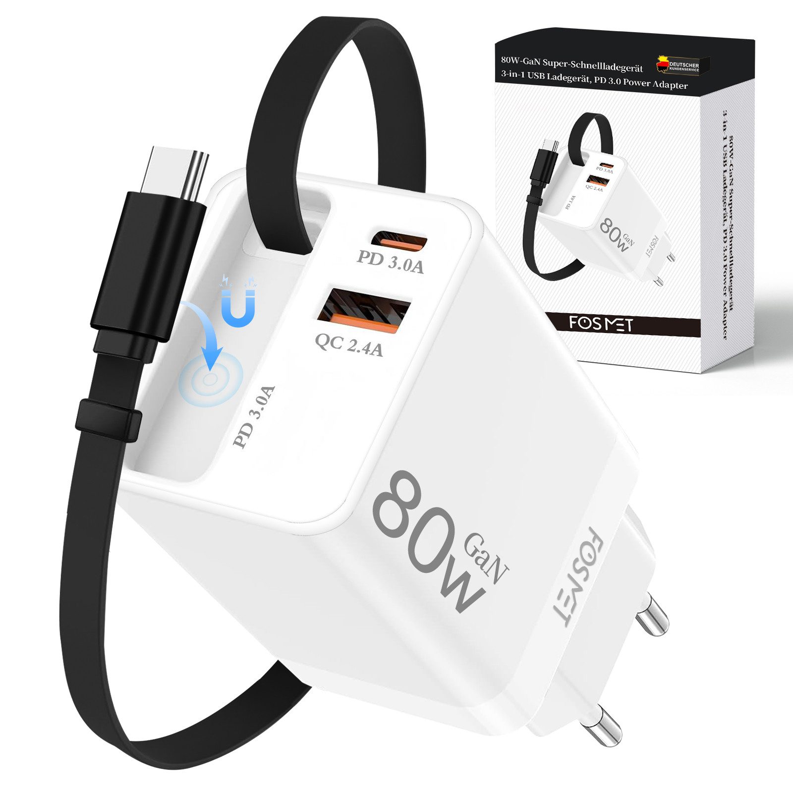 FOSMET 2025 Neues 80W GaN 3-Port USB C Ladegerät mit Einziehbarem Kabel USB-Ladegerät (80W Schnellladegerät, 3-in-1 USB Netzteil, PD 3.0 Power Adapter, Einzelport-Nutzung 100W Super-Schnellladefunktion kompatibel)