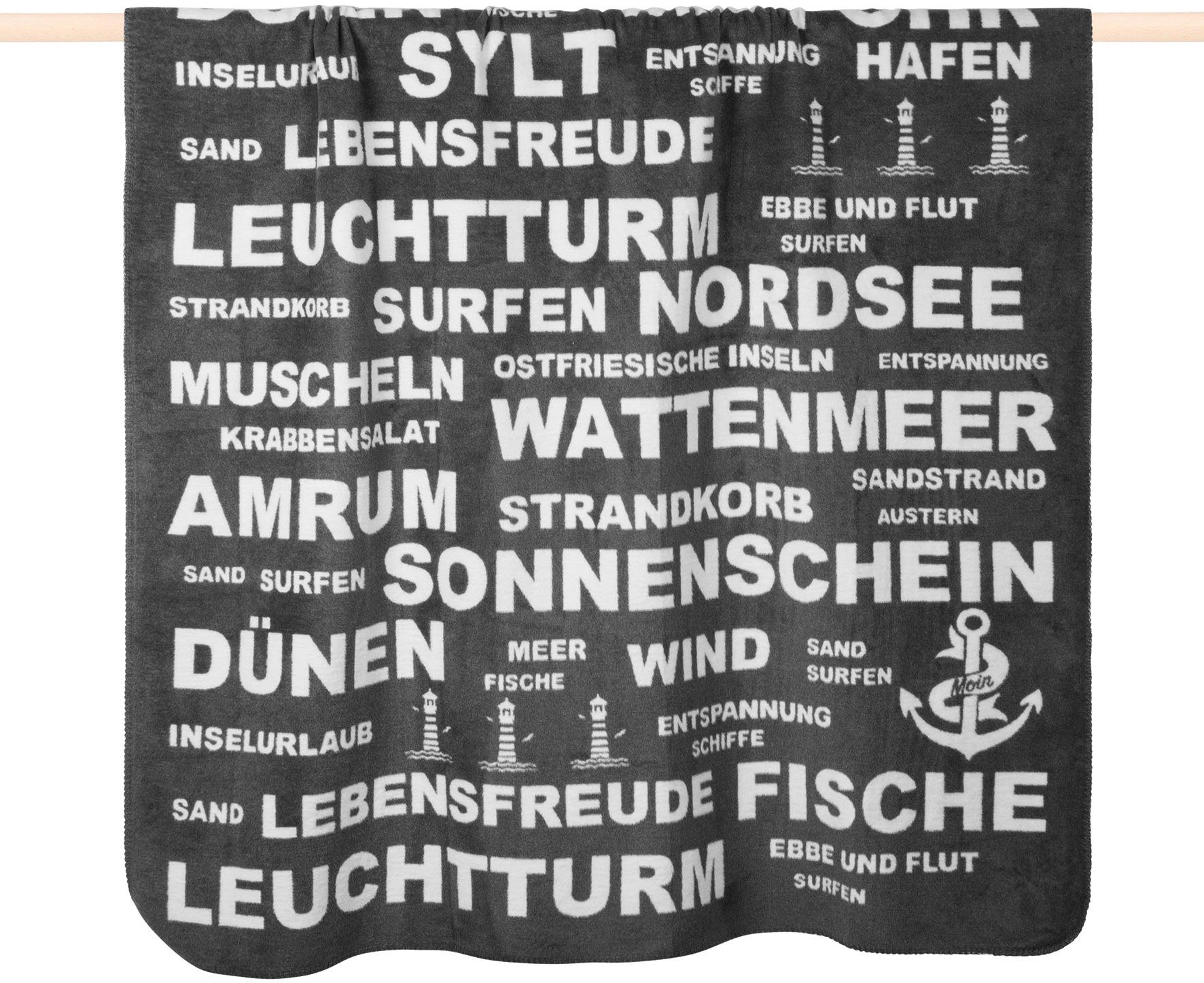 Wohndecke TYPO NORDSEE, PAD, Made in Europe, Kuscsheldecke, mit Schriftzug, 150x200 cm