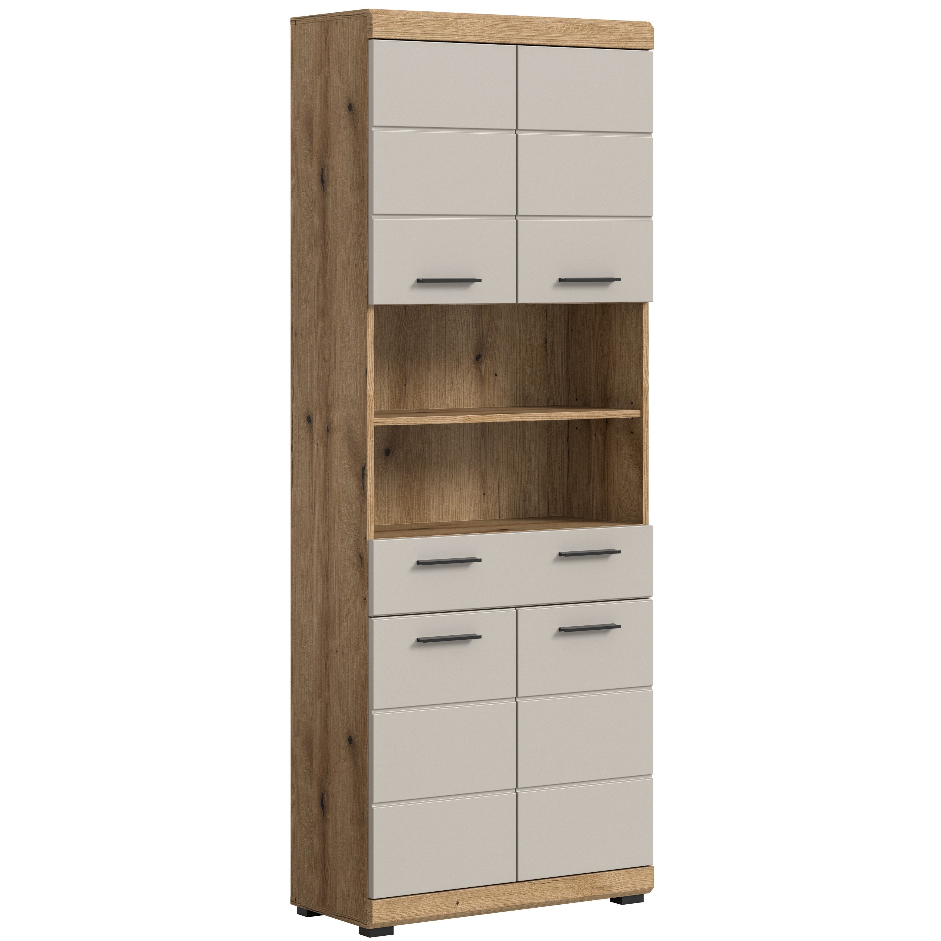 furnling Hochschrank Scott 4 Türen, 1 Schublade, 2 offene Fächer, Badmöbel, Badschrank
