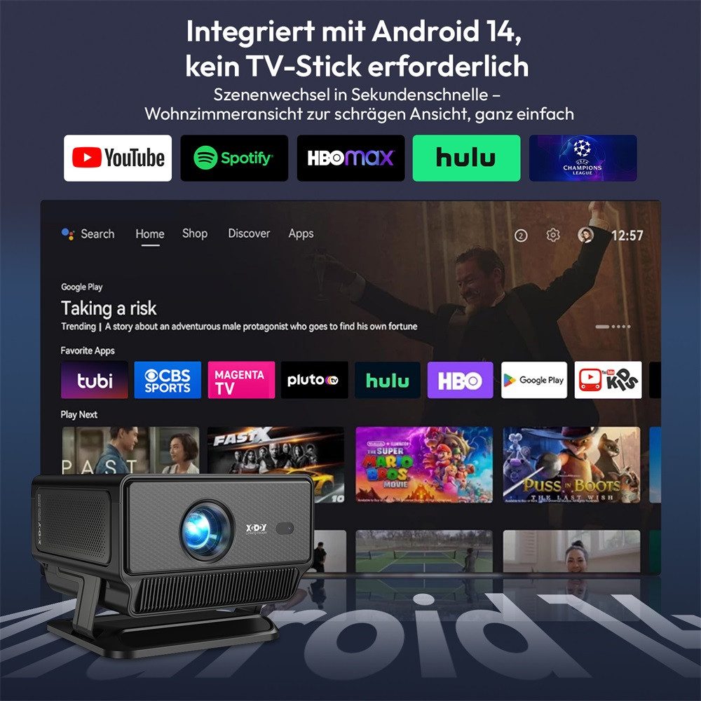 XGODY 2026 Neuer Smart Beamer 4k heimkino mit leinwand, Integrierte APP UHD-Beamer (1200 lm, 2500:1, 3840 x 2160(1200 ANSI) px, Android 14, Full HD 1080P, unterstützt 8K-Decodierung Projektor) schwarz