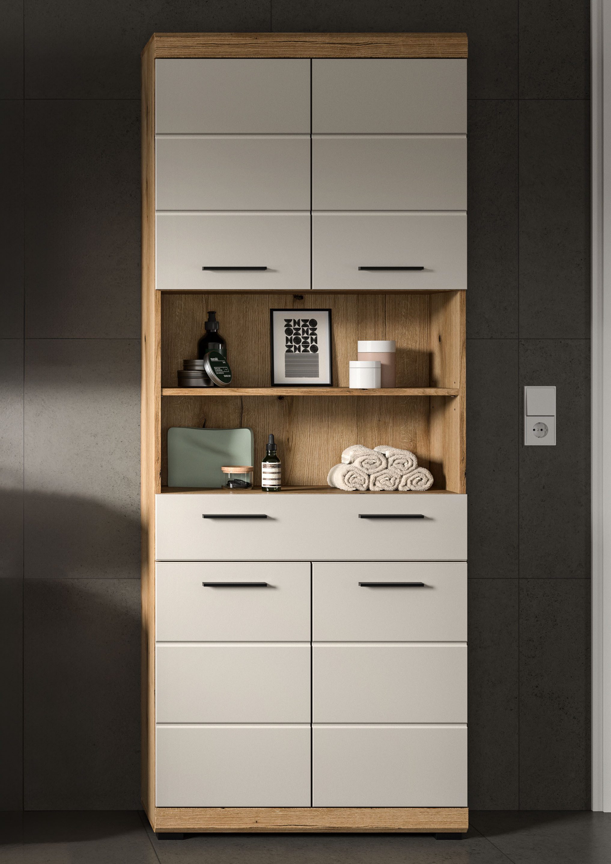 welltime Hochschrank SIENA, Breite 74cm, 4 Türen, 1 Schubkasten, 2 offene Fächer, MDF-Front (TOPSELLER)