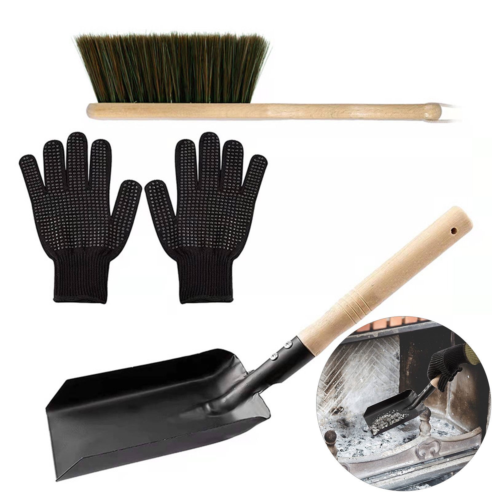 Rutaqian Reinigungs-Set 3-teiliges Set Kamin Reinigungswerkzeug Werkzeuge für den Außenkamin, (mit Ascheschaufel, Bürste, Schwarze Silikon-Handschuhe, for Fireplace Fire Pit, Camping, Barbecue, Wood Stove, Hearth)