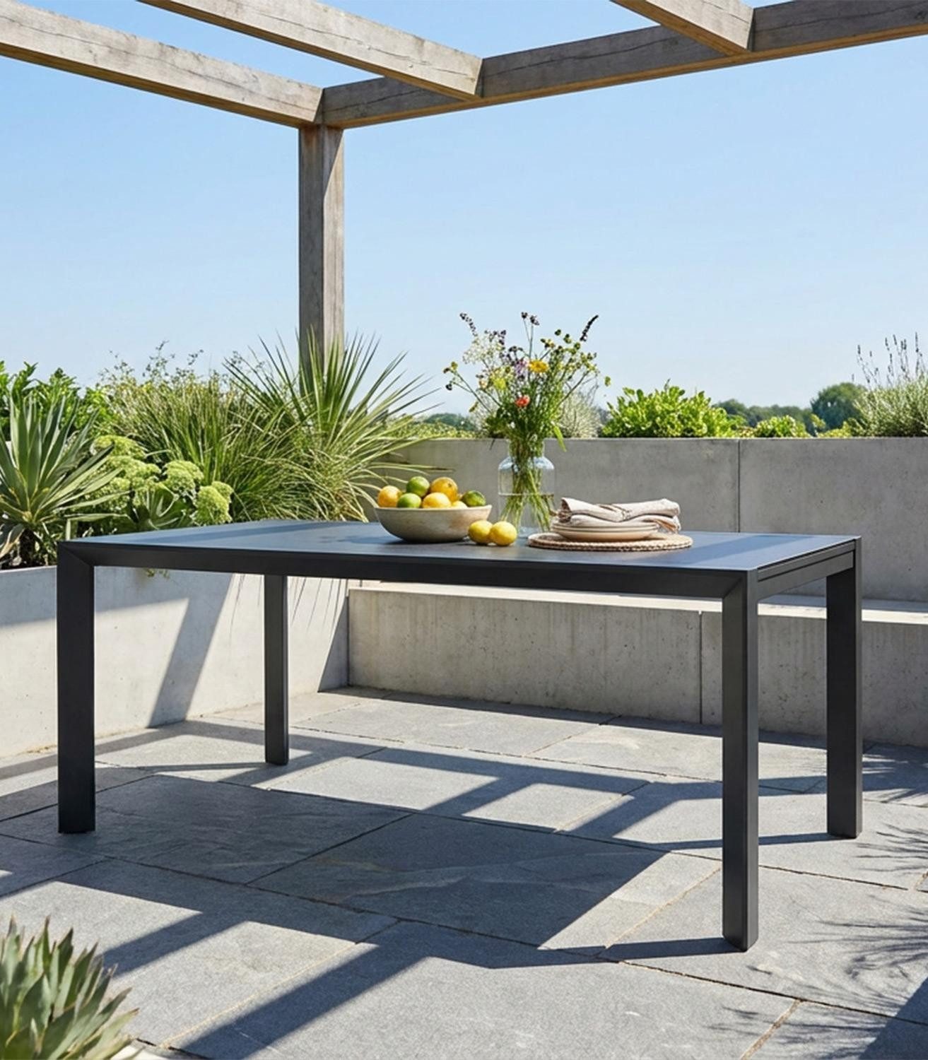 Outdoor Gartentisch LIVORNO, Ausziehbar, Anthrazit, Sicherheitsglas, Aluminium, 3D-Effekt, B 220/340 x H 75 x T 106,5 cm
