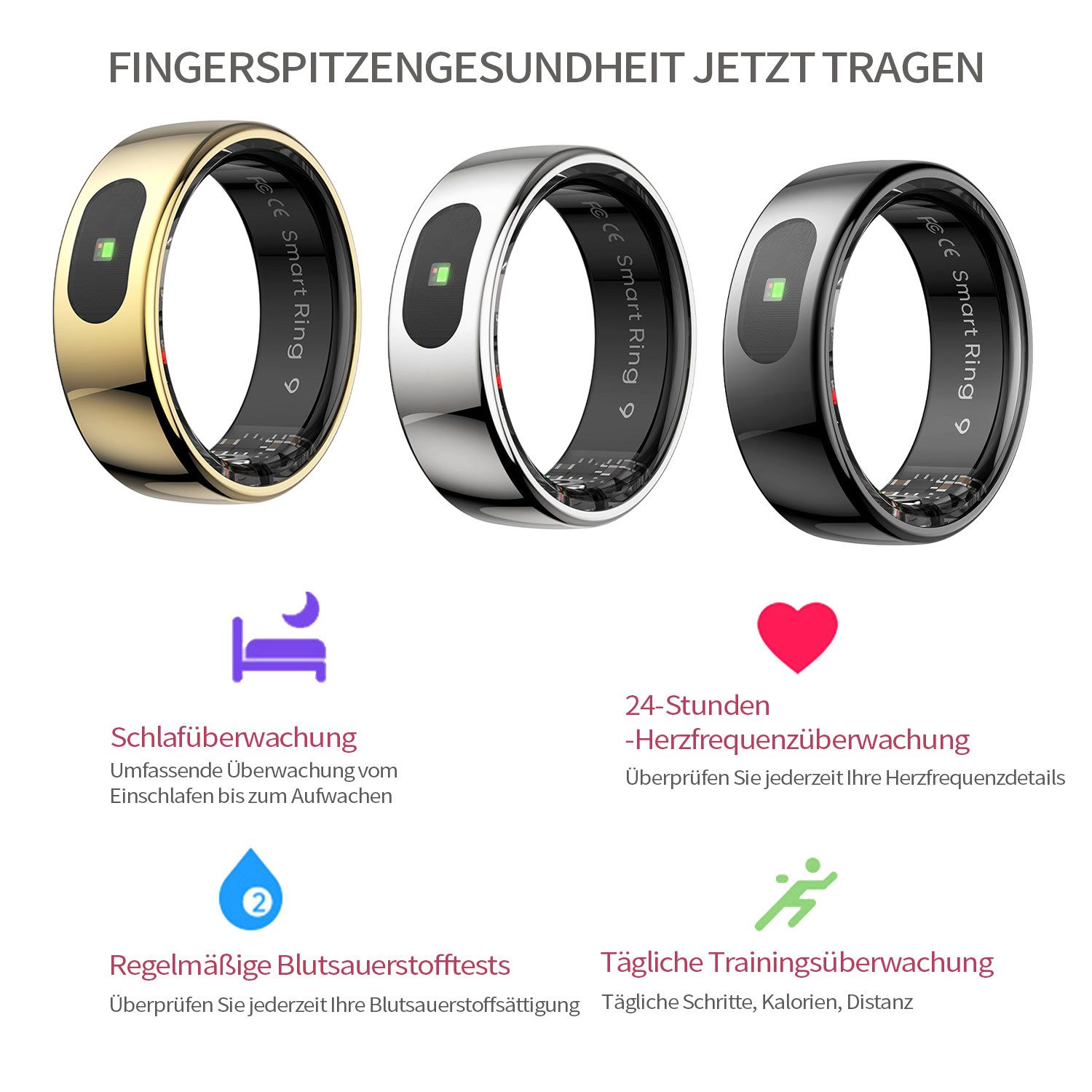 Refttenw Smart Ring Herren Damen Smartring Fitness Tracker Schlafmonitor, Mit Ladefach, 5ATM Wasserdichter Gesundheitsring