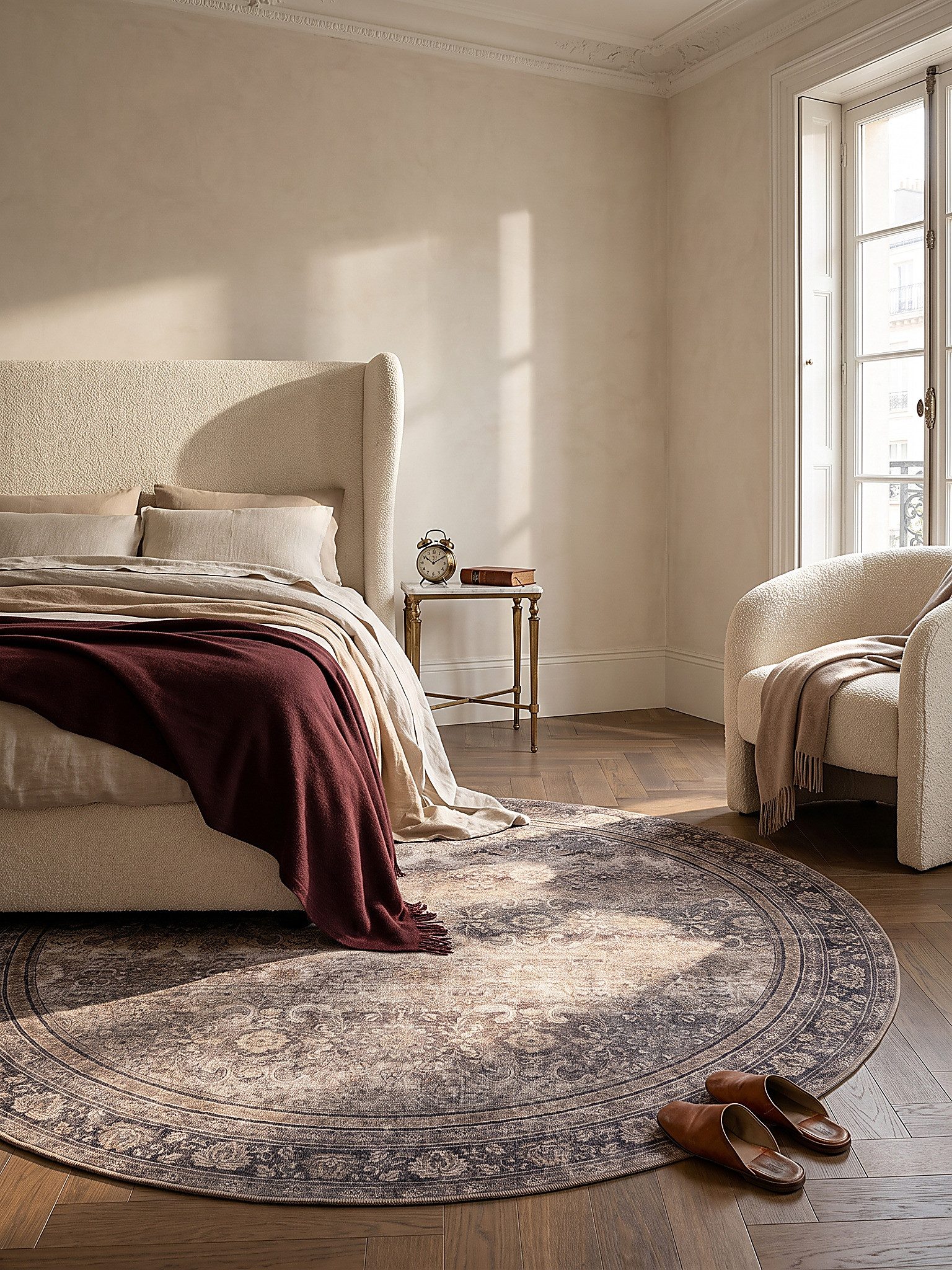 KADIMA DESIGN Teppich VERNANTE Kurzflorteppich waschbar Blütenrosetten Orientalisch, Rund, Höhe: 5 mm, Ø 120 cm, Braun-Grau, 100 % Polyester, Gekettelt, Strapazierfähig