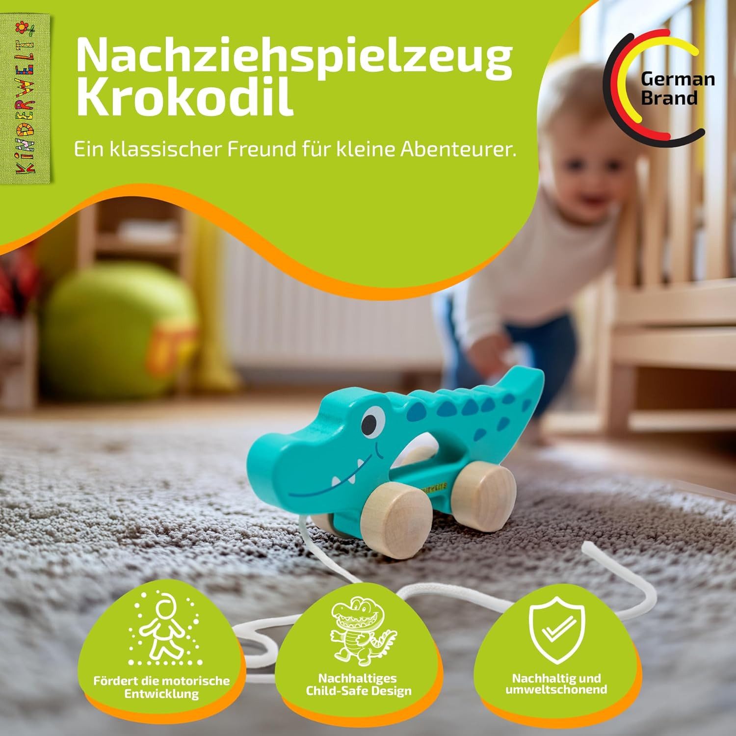 KiNDERWELT Stoffpuppe Nachziehspielzeug Krokodil aus Holz, kindgerechtes Lernspielzeug