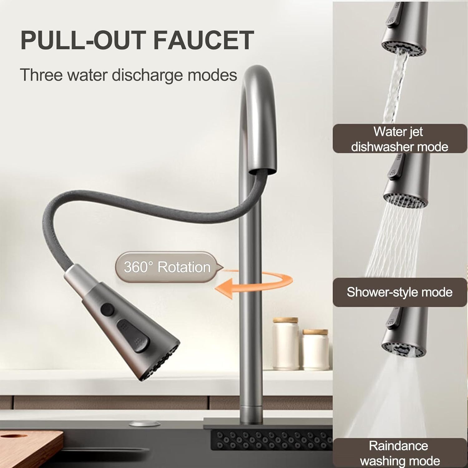 Faizee Home Stainless Steel Built-in Sink with Waterfall, Sound Insulation, 4-Outlet Faucet