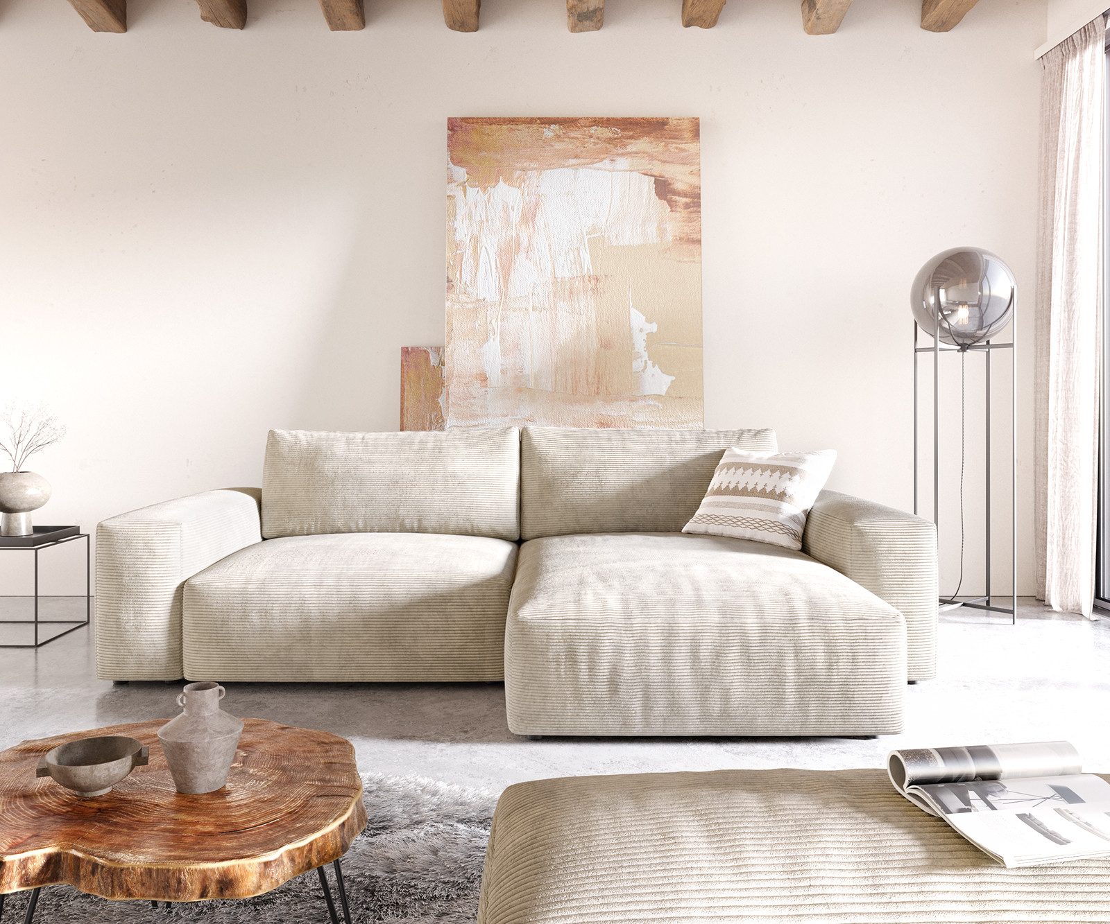 DELIFE Ecksofa Lanzo, XL Cord Beige 270x180 cm Recamiere variabel mit Hocke günstig online kaufen