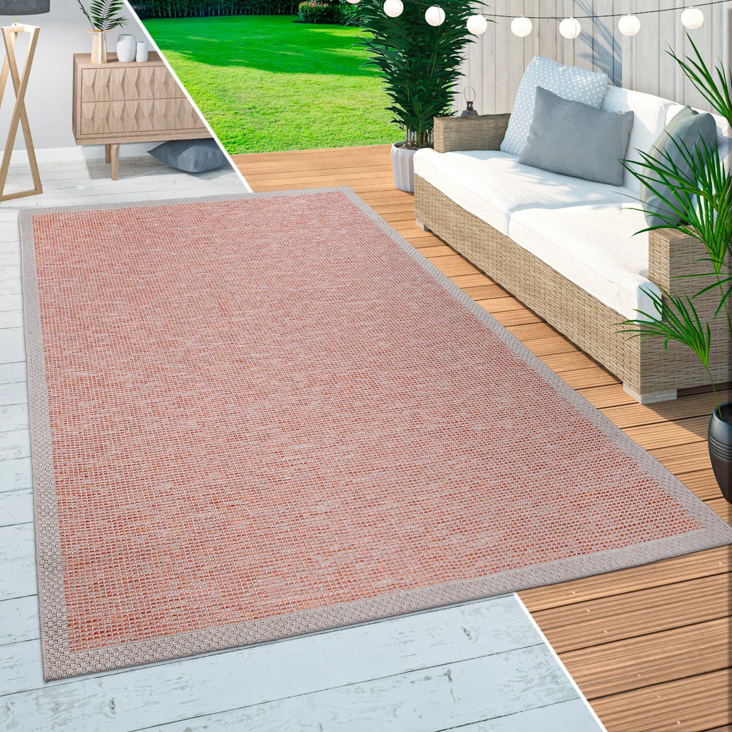 Paco Home, Höhe: 135, 4 Teppich Outdoor mm, mit geeignet Quebec und Bordüre, orange meliert, rechteckig, In- Flachgewebe,