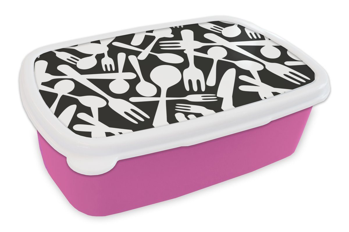 MuchoWow Lunchbox Besteck - Muster - Schwarz und Weiß, Kunststoff, (2-tlg), Brotbox für Erwachsene, Brotdose Kinder, Snackbox, Mädchen, Kunststoff rosa