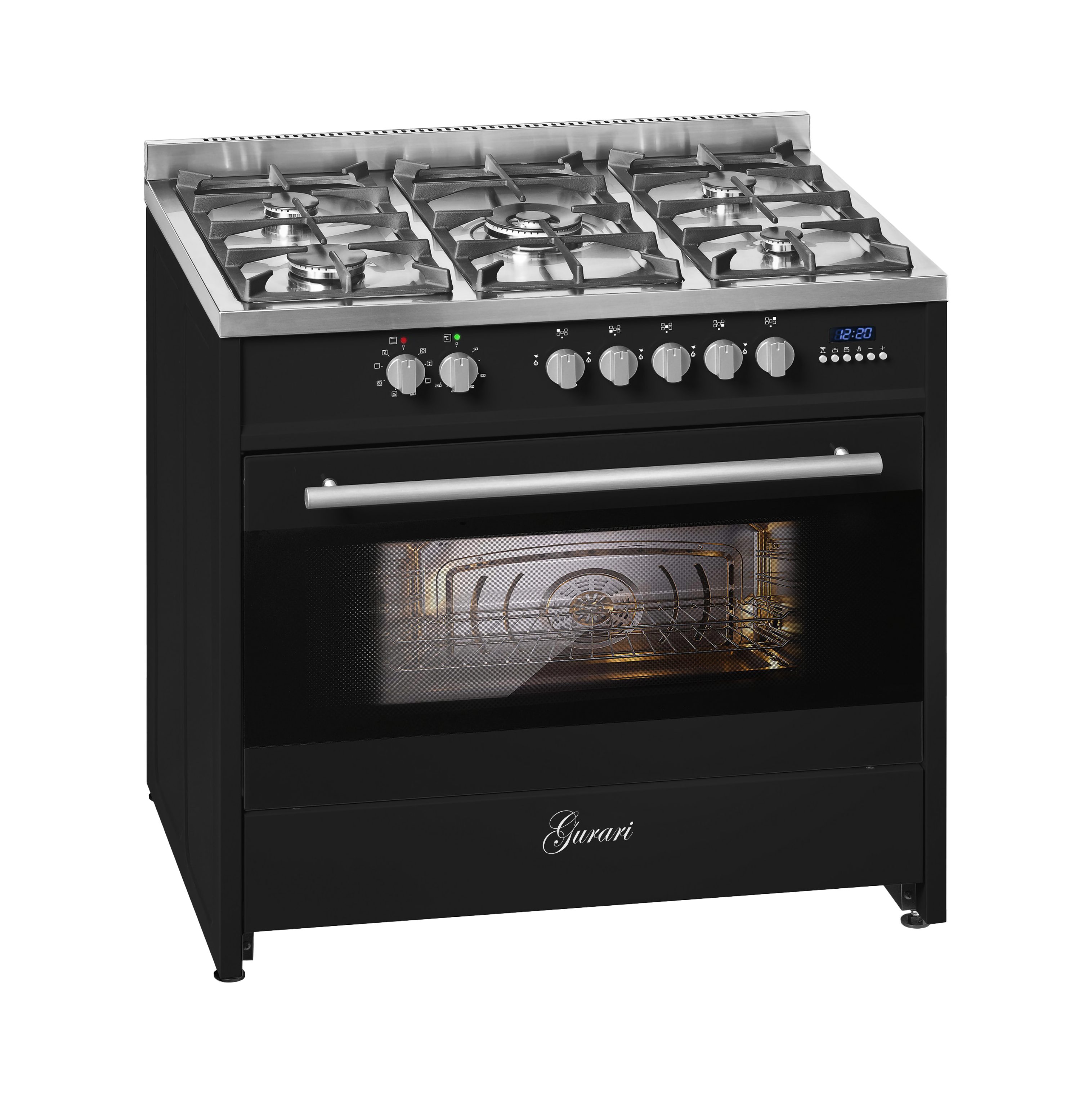 GURARI Gas-Standherd 90 cm Range Cooker 121L+Dunstabzugshaube 90 cm GCH E 911 BL+GCH S 411 90 BL PRIME N, mit 1-fach-Teleskopauszug