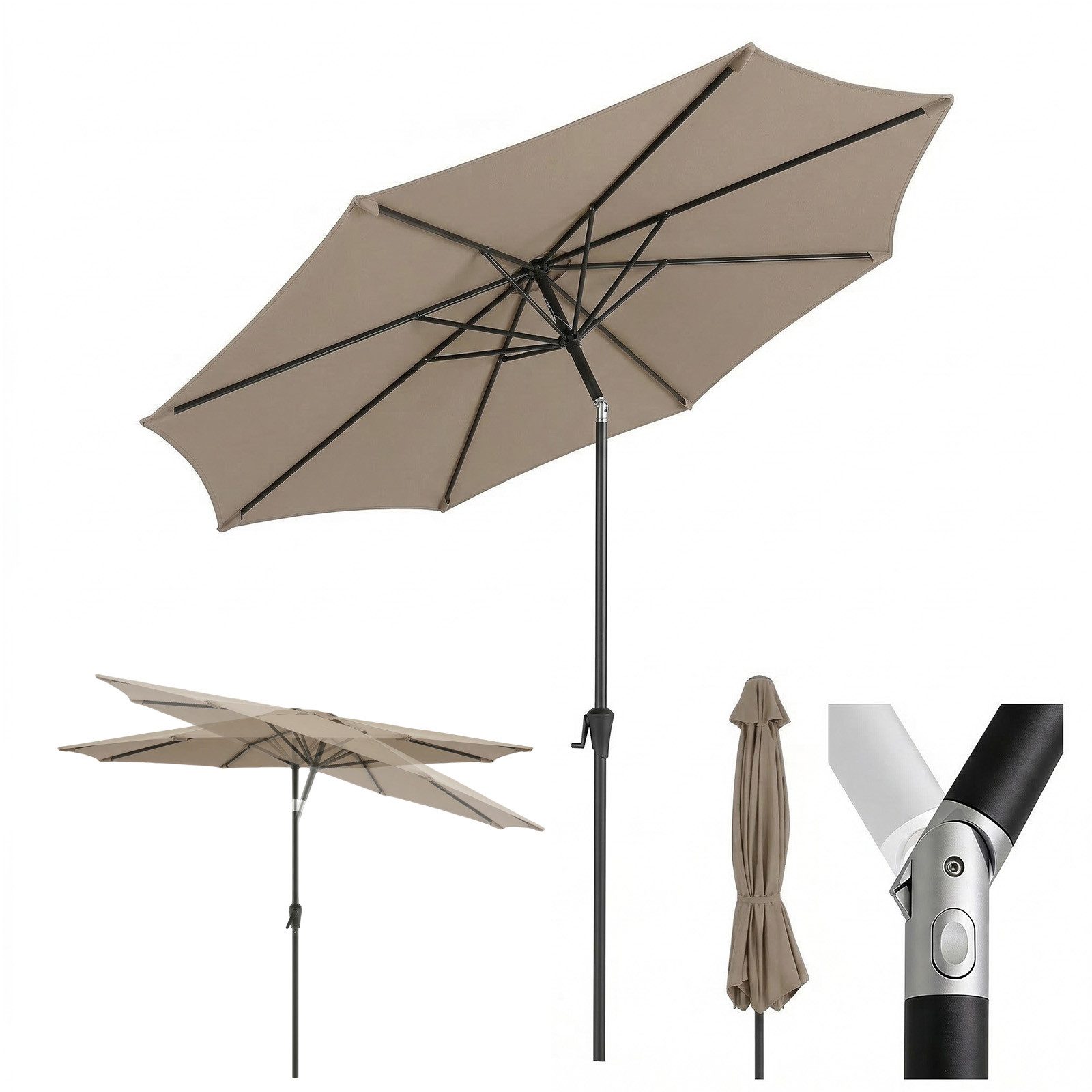 Sekey Sonnenschirm 3m Marktschirm mit Kurbel, Gartenschirm, 8 Streben, Sonnenschutz 50+, LxB: 300,00x300,00 cm, mit/ohne LED-Lichtern, Terrassenschirm Rund