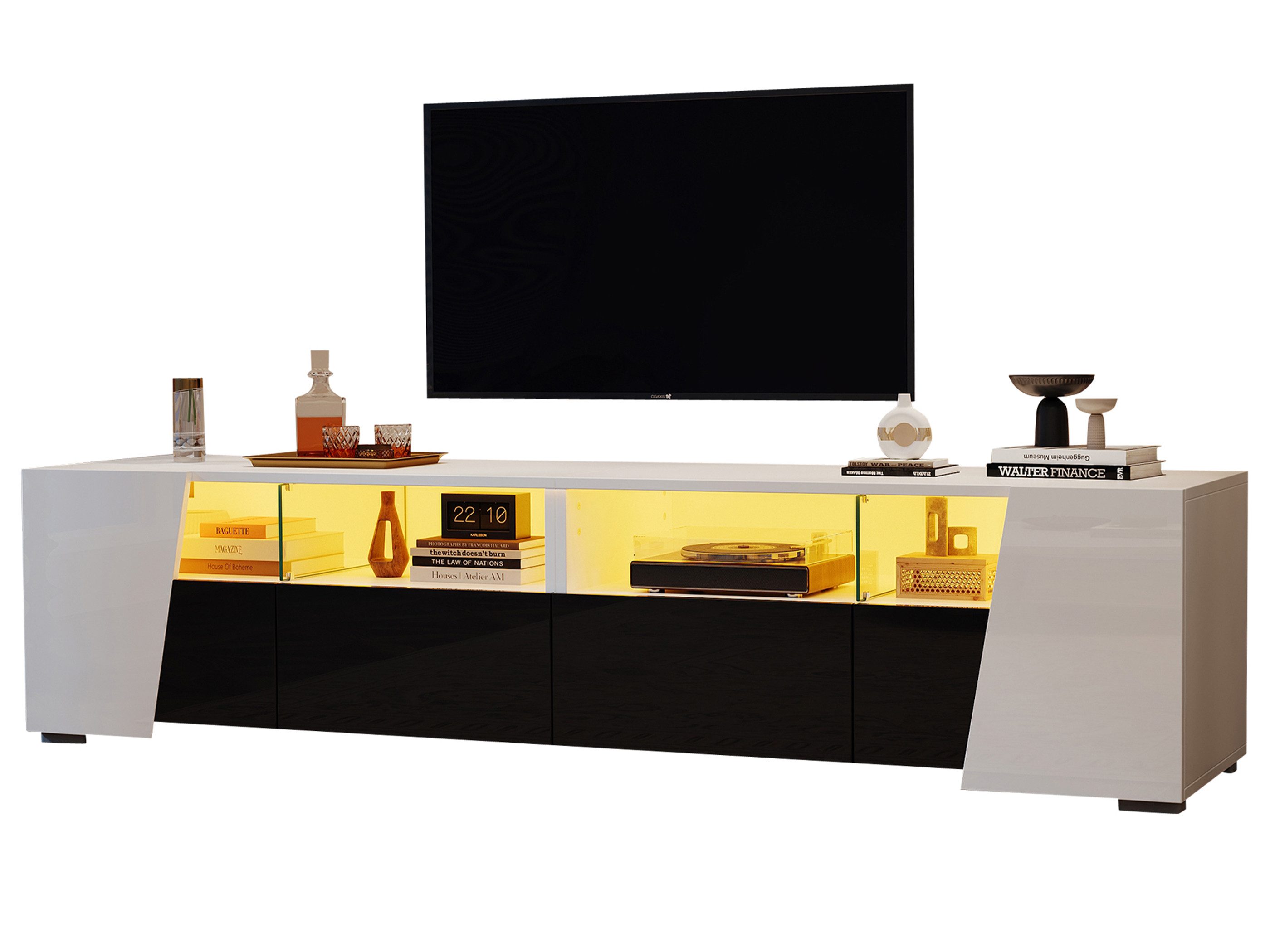 SeedWave Lowboard Kontrastfarbener TV-Schrank mit Hochglanzfronten, LED-Beleuchtung, Fernsehschrank mit 2 Türen, 2 grifflosen Schubladen, Staufächern