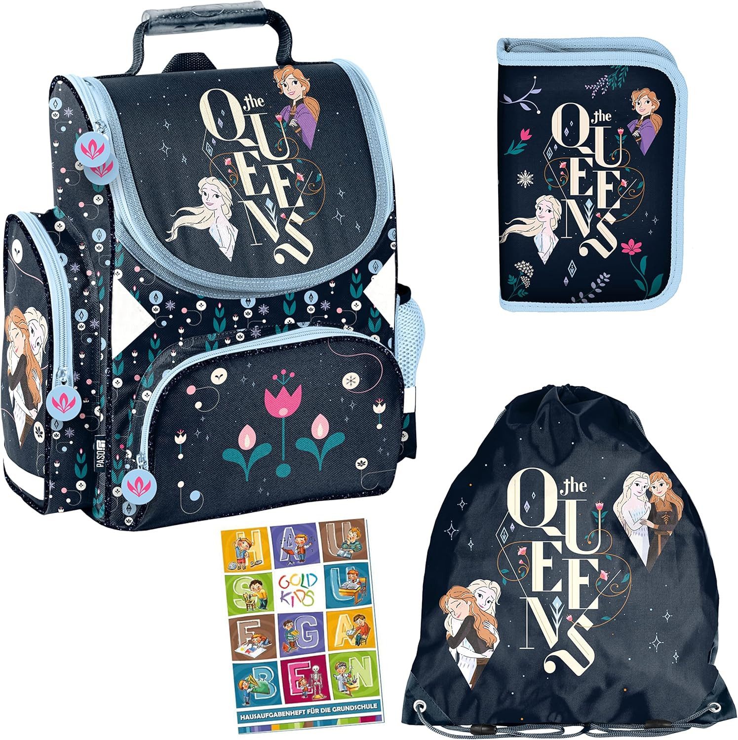 GOLDKIDS Schulranzen Eiskönigin Frozen Schulranzen ergonomischer (Ranzen Federmappe Turnbeutel Aufgabenheft für die, 1-tlg., Grundschule 4er Set. Geeignet ab der), ersten Klasse der Grundschule.