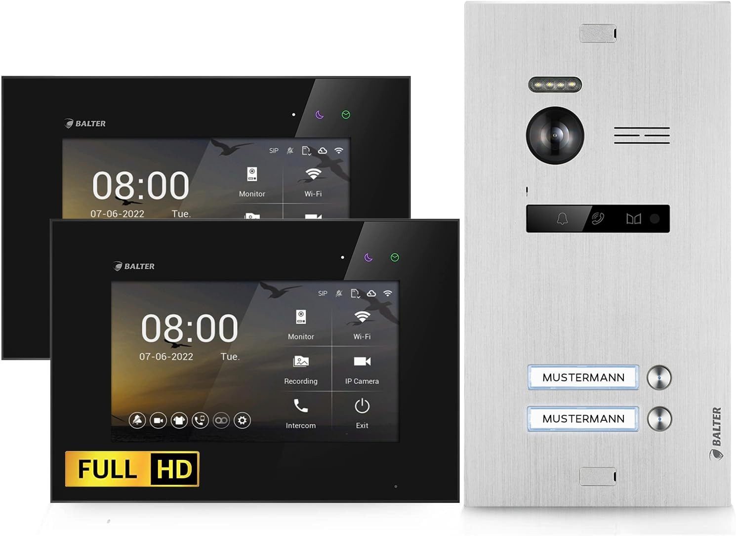 Balter Video-Türsprechanlage HD Video Türsprechanlage für 2 Familienhaus (Mehrfamilienhaus, Komplettset, 2-tlg., Full HD Kamera, 2-Draht-Bus, 175 Grad Weitwinkel)