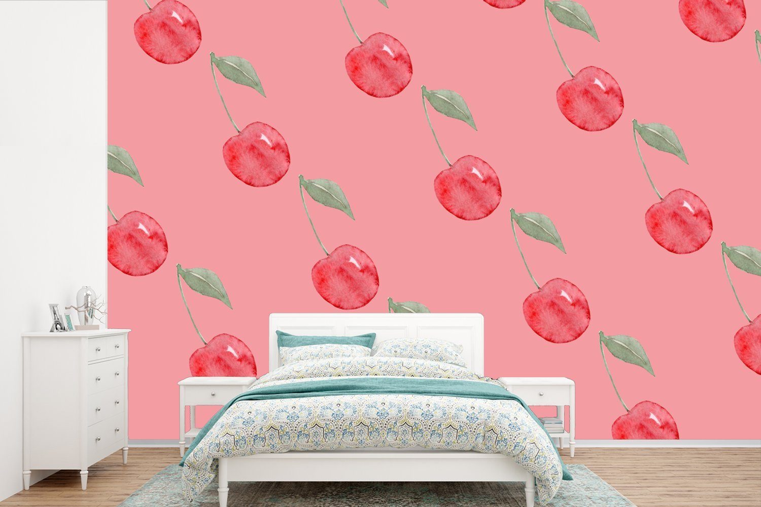 MuchoWow Fototapete Kirsche - Obst - Rosa, Matt, bedruckt, (6 St), Wallpaper für Wohnzimmer, Schlafzimmer, Kinderzimmer, Vinyl Tapete