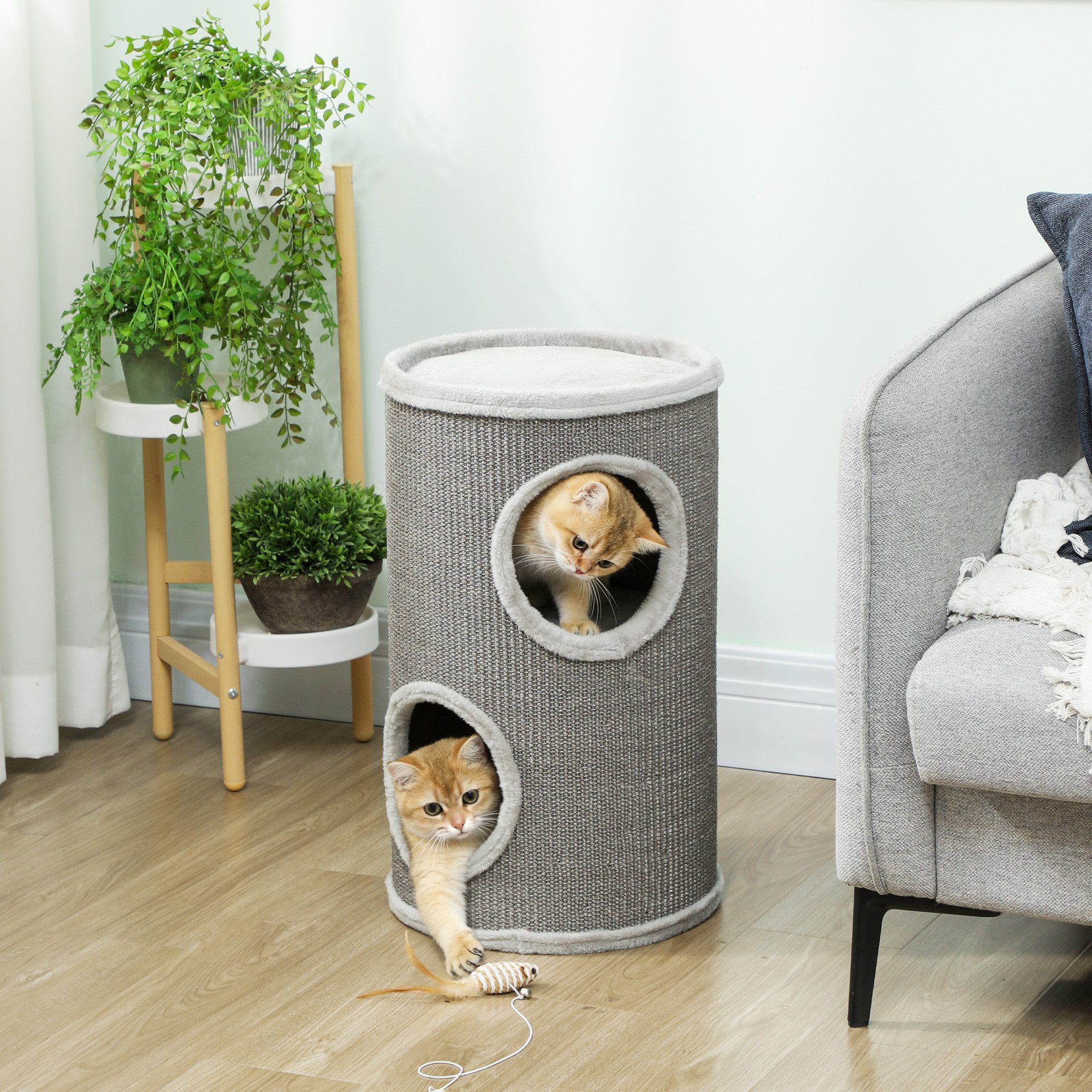 PawHut Kratztonne zweistöckige Katzentonne mit 2 Höhle, Kratzbaum mit Plüschrand, (zweistöckige Katzentonne, 1-tlg., Katzenkratztonne), für 1-2 Katzen bis 5 kg, Hellgrau