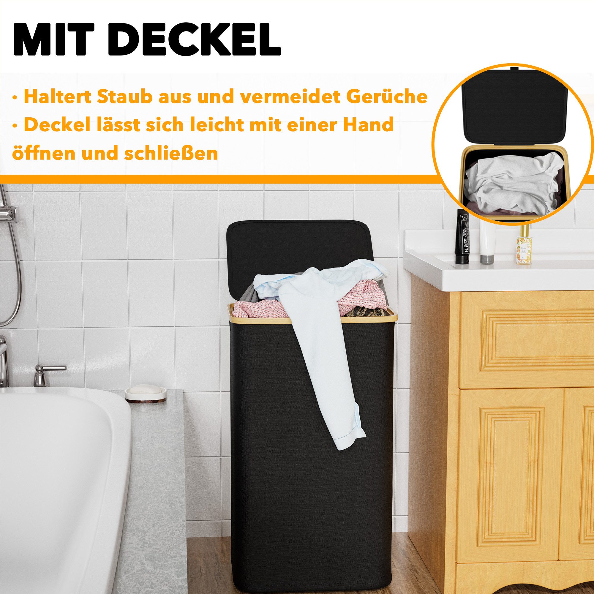 SpaceAid Wäschekorb mit Deckel (110L, großer hoher Wäschekorb mit Bambusgriffen)