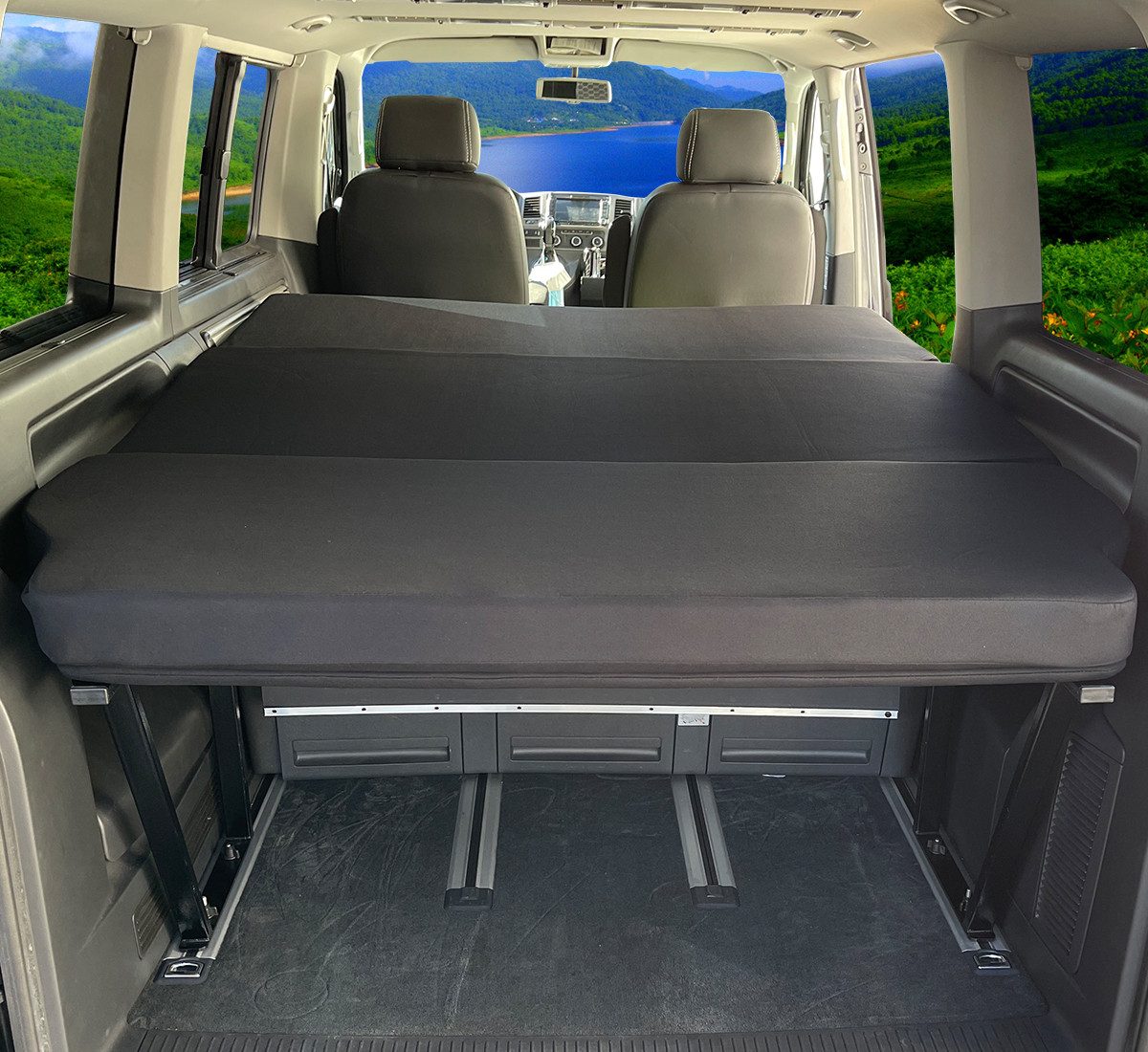 Klappmatratze für VW T4 T5 T6 T6.1 Vivaro Primastar Trafic (1M), BREMER SITZBEZÜGE, (Set, 3-teilig klappbare Schlafauflage), in Schwarz