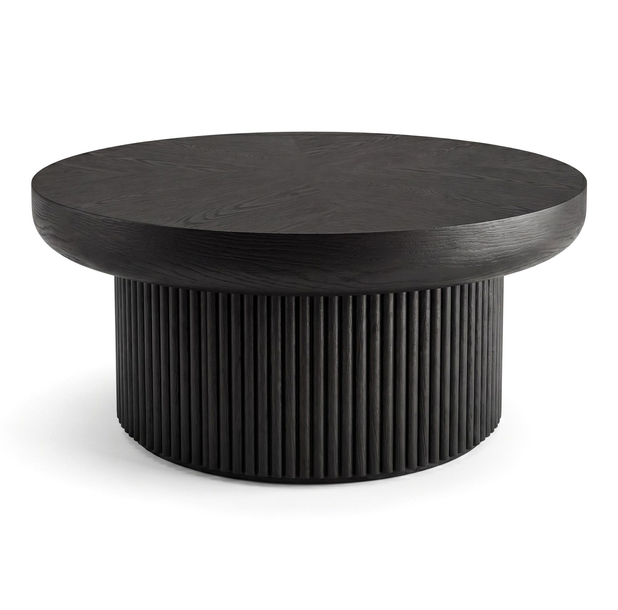 OKWISH Couchtisch Runder Tisch, 78 cm, Schwarz, Tischplatte in Holzoptik (Packung, 1-St., Moderner Beistelltisch im Mid-Century Stil für kleine Räume), Wohnzimmertisch mit Parquet Muster, Rillenstruktur & Säulenfuß