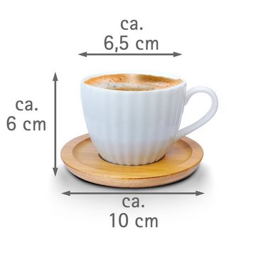 Fiora Kaffeeservice Kaffeetassen Espressotassen Cappuccinotassen mit untersetzer Porzellan 6 Tassen + 6 Untersetzer Holz Optik Weisse Kaffeetassen Set (12-tlg), 6 Personen, Porzellan, Kaffeeservice 12 Teilig für 6 Personen