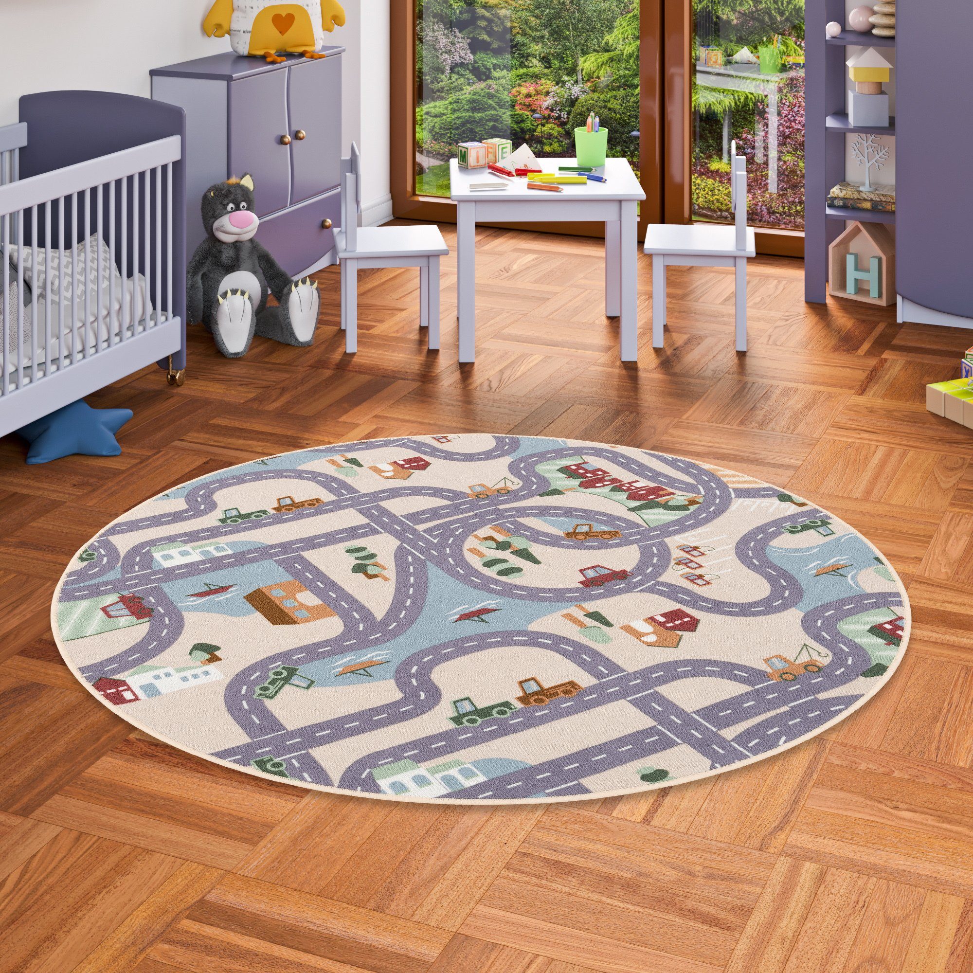 Snapstyle Kinderteppich Kinder Spiel Straßenteppich Fun Town Rund, Rund, Höhe: 4 mm