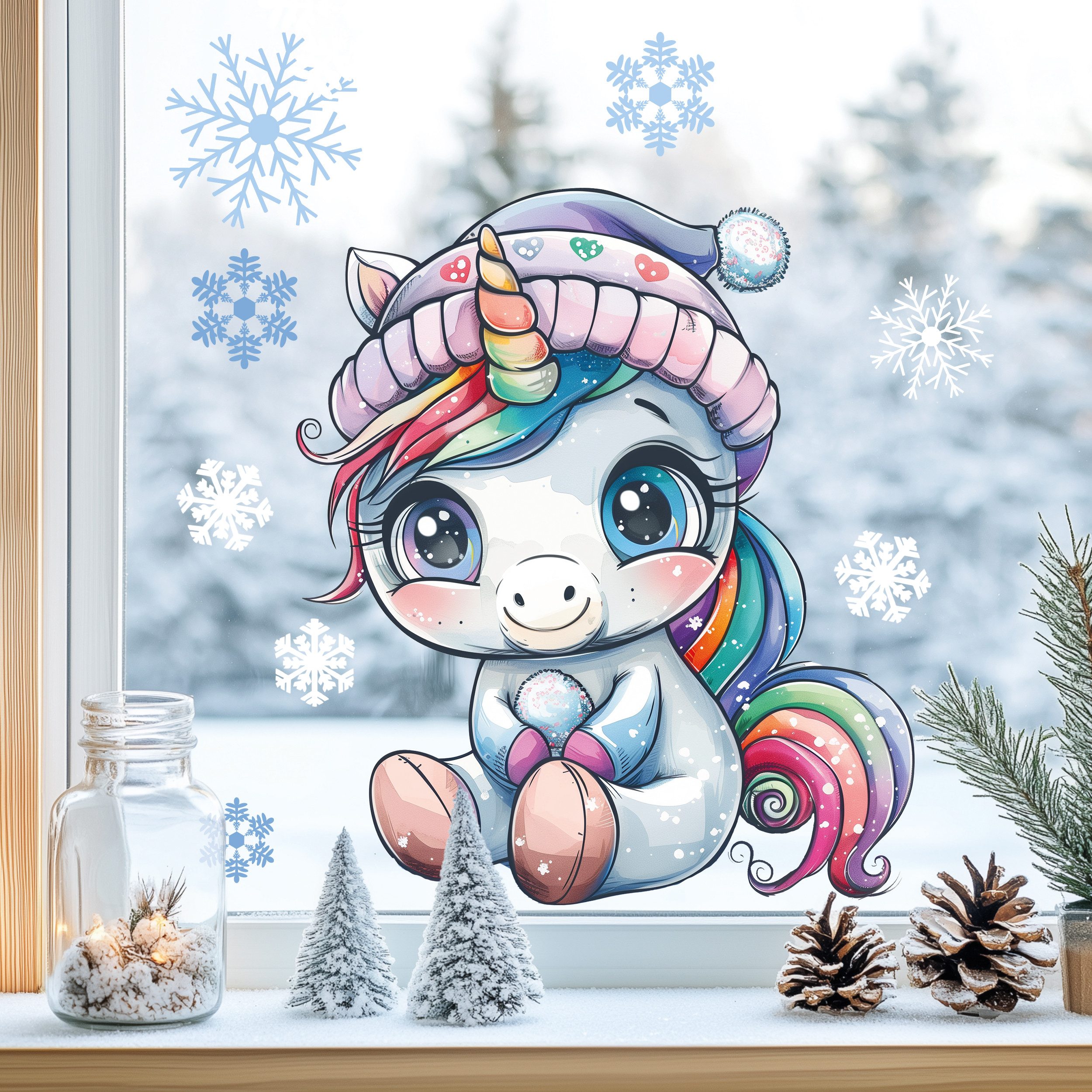 Sunnywall Fensterdekoration wiederverwendbares Fensterbild Winter Einhorn Regenbogen, wiederverwendbar, statisch haftend, beidseitiger Druck