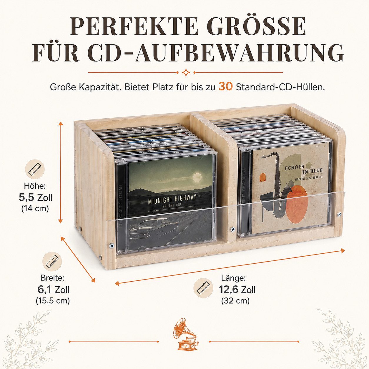 BlingBin CD-Regal CD-Ständer aus Holz und Acryl, 2 Ebenen, für bis zu 30 CD-Hüllen, CD-Aufbewahrung 1-tlg., kompakter Medien Organizer für Schreibtisch, Regal und Wohnzimmer