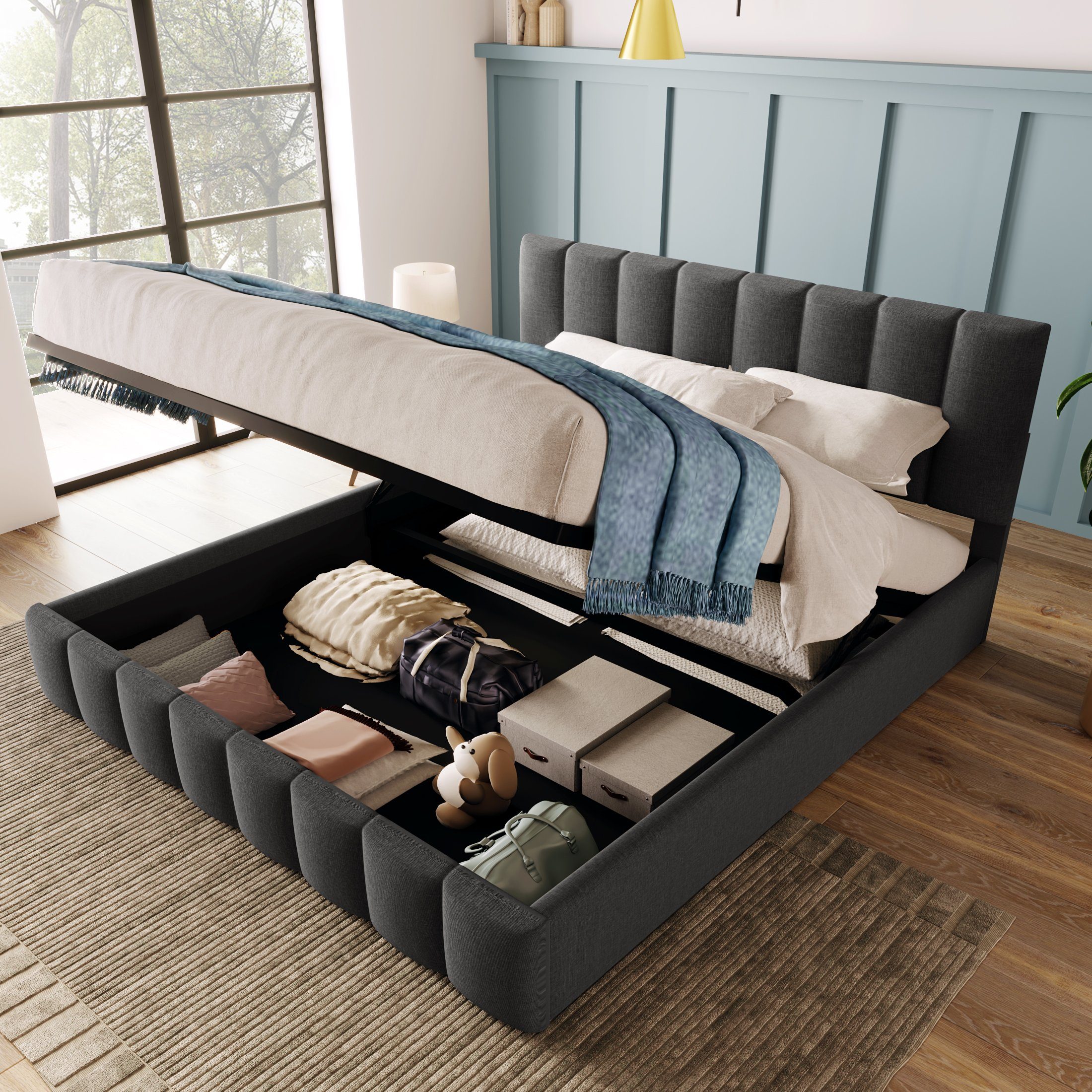 Odikalo Stauraumbett Bettgestell Polsterbett 140x200cm, Kopfteil, günstig online kaufen