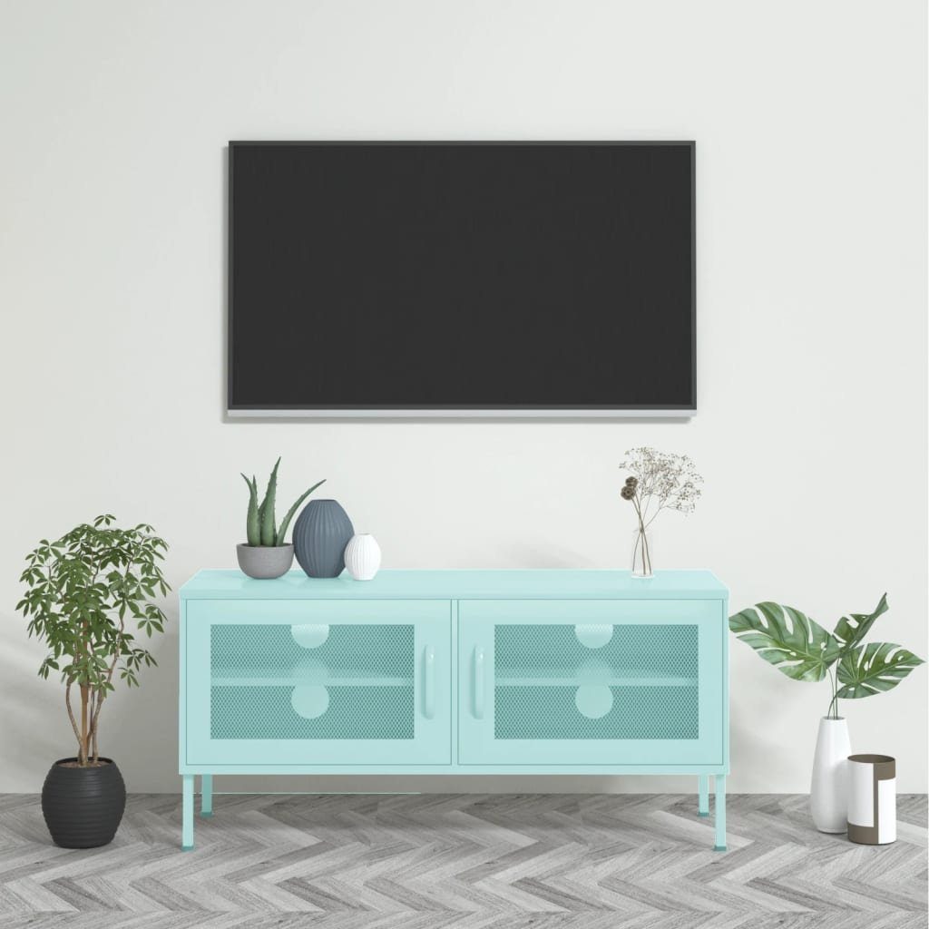 furnicato TV-Schrank 105x35x50 cm Minzgrün Stahl robust und praktisch (1-St) Lowboard mit Gittertüren, Kabeldurchführungen und Nivellierern