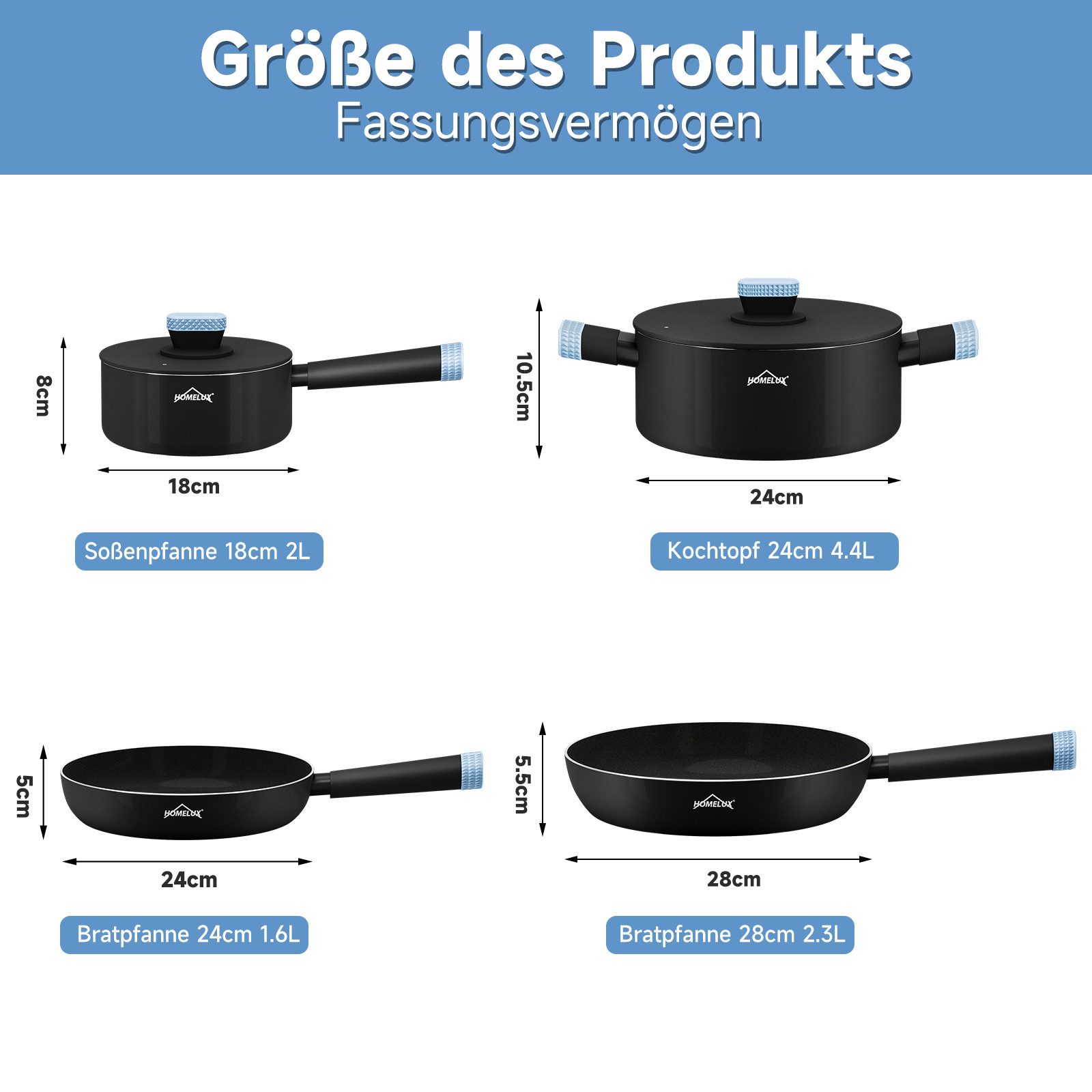 HOMELUX Topf-Set Induktions Töpfe Set 6-Teilig Antihaftbeschichtung Kochtopfset, Aluminium (Set, 6-tlg., 2 Töpfe mit Glasdeckel + 2 Pfanne), Induktionsgeeignet