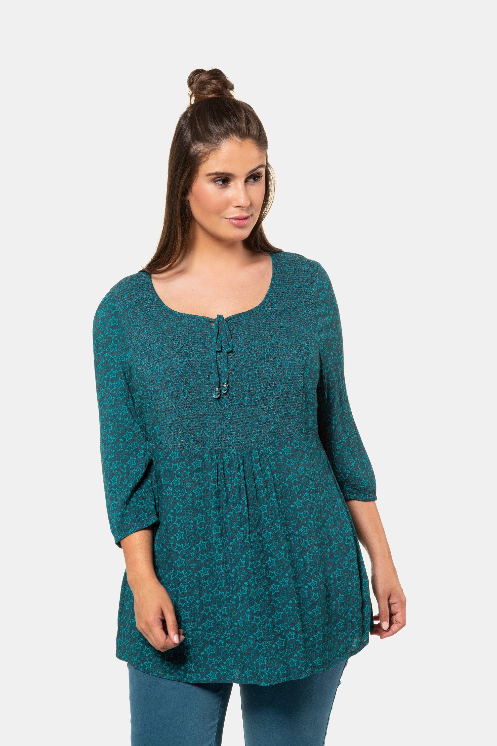 Ulla Popken Longbluse Longtunika Sternenmuster Smokeinsatz 3/4-Ärmel