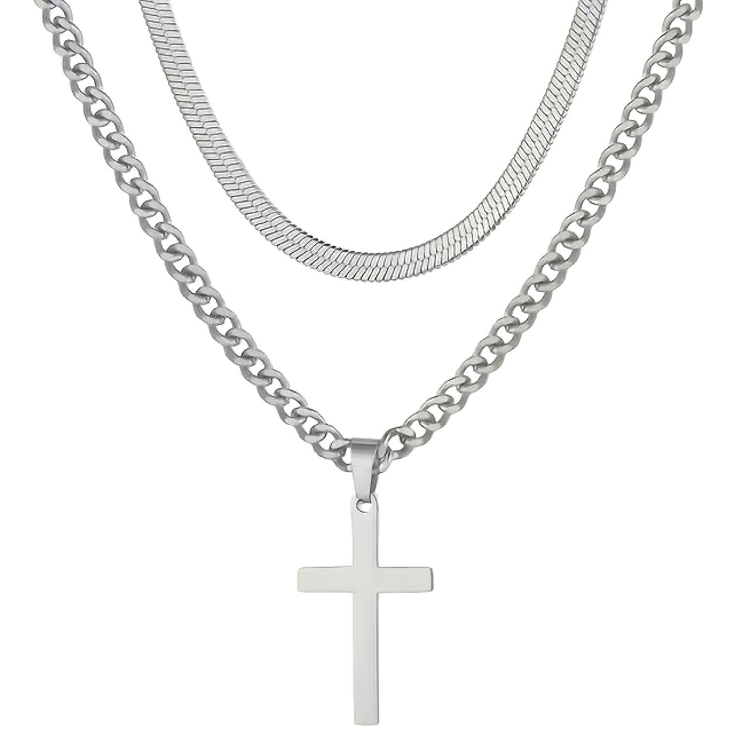 KARMA Ketten-Set Halskette 2er Set Herren Kreuz Schlangenkette (Herrenhalskette Edelstahlkette, 2-tlg., Herrenschmuck Kreuzkette Männer), Herren Silber od. Schwarz 60 cm