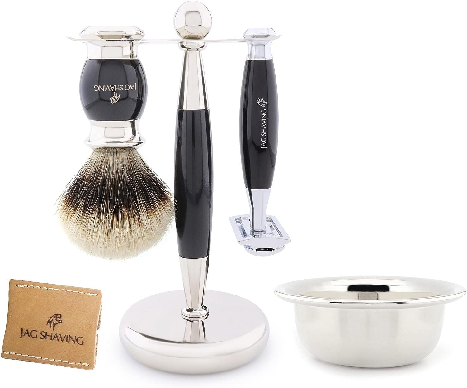 JAG SHAVING Rasierpinsel-Set Rasierpinsel aus Kunsthaar mit zweischneidigem Rasierhobel, Rasierset, Set, 5 tlg., Rasierset mit zusätzlichem Rasierzubehör für eine klassische Rasur., beste Erfahrung beim manuellen Speichern