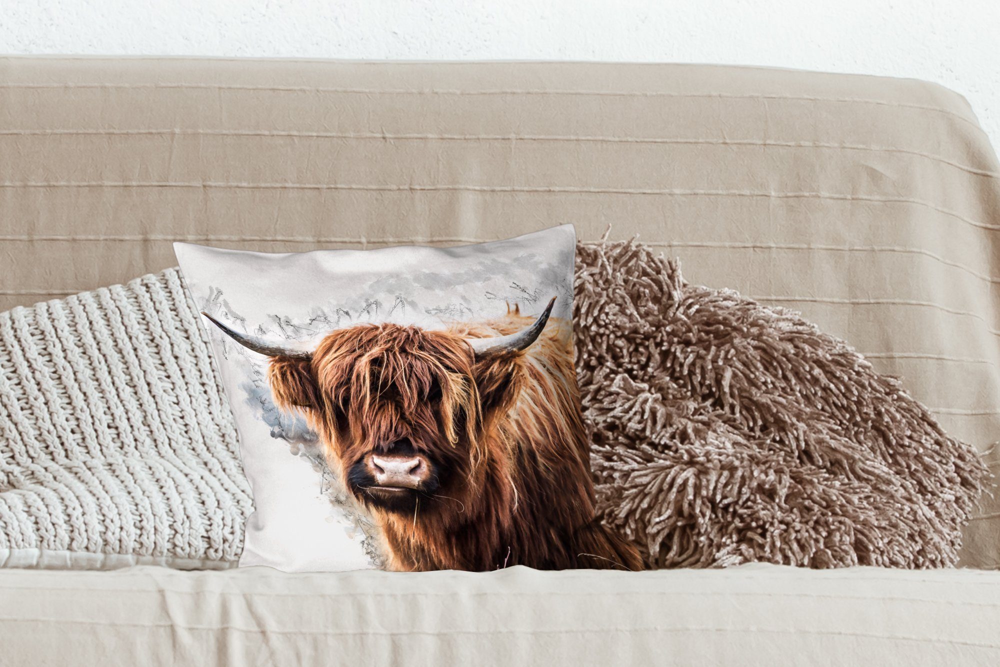 Dekokissen Sofakissen mit Kuh, Schottischer Zierkissen Schlafzimmer, Füllung Deko, MuchoWow - für Schottische Wohzimmer, Highlander