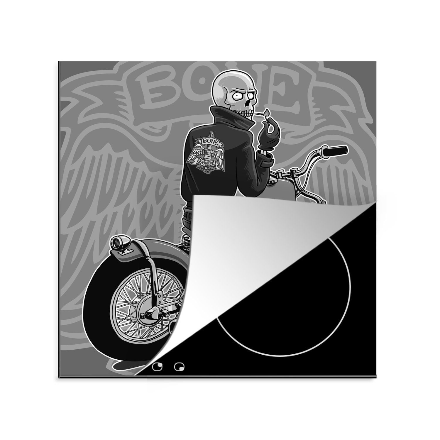 MuchoWow Herdblende-/Abdeckplatte Eine Illustration eines Motorradfahrers auf einem roten Bobber -, Vinyl, (1 tlg), 78x78 cm, Ceranfeldabdeckung, Arbeitsplatte für küche