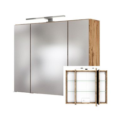 Lomadox Badmöbel-Set LAURIA-03, (Spar-Set, 6-St), Eiche matt grau Glasbecken weiß LED-Aufbauleuchte 200x200x49 cm