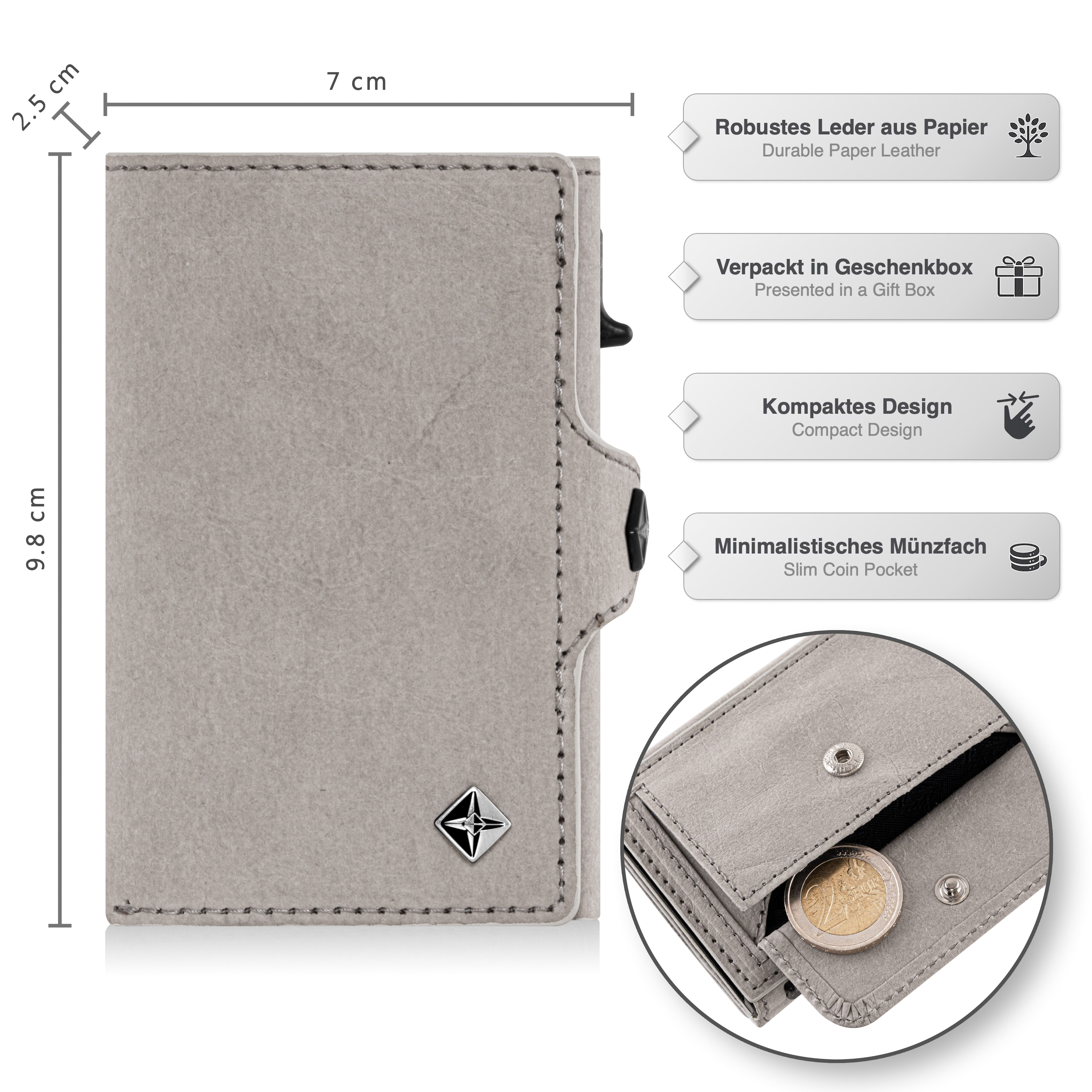 von Elbstein Hamburg Smart-Wallet Vegan 'Lasse'. Geldbörse mit Card-Holder. Veganes Slim Wallet Münzfach (handgefertigt, Made in Europe), The Vegan Society - Zertifizierung