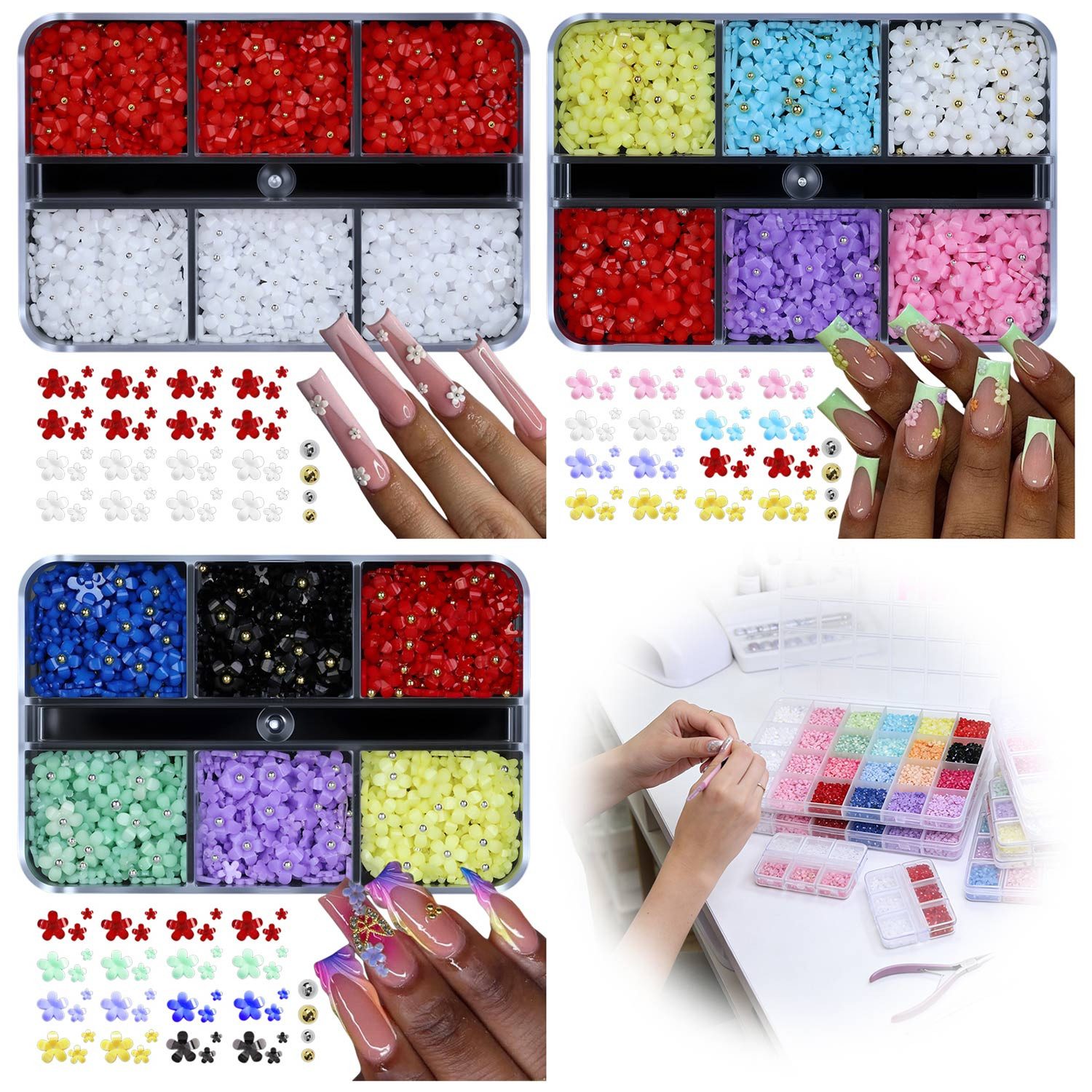 Refttenw Nageldesign Zubehör 3D Blumen Nageldesign Set Nägel Charms Nägel Zubehör- Bunt & Glitzer, für Nägel, Handyhüllen, Karten, Spiegel