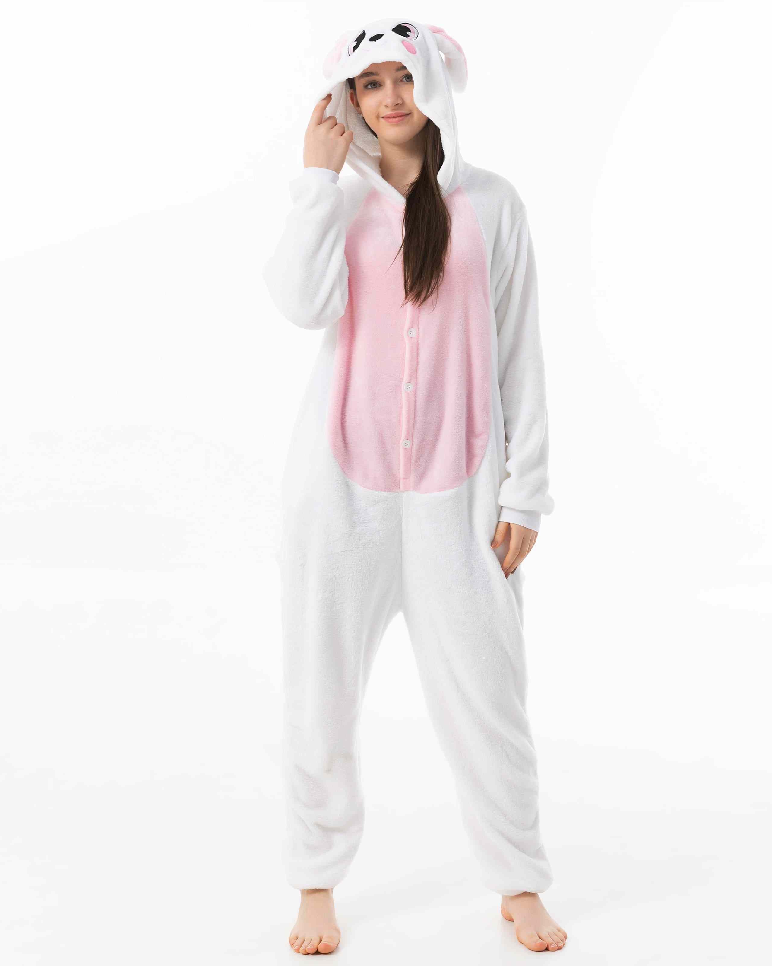 Katara Partyanzug Bauernhoftiere Jumpsuit Kostüm für Erwachsene S-XL, Karneval - Kostüm, Kigurumi - Hase rosa-weiß S (145-155cm)