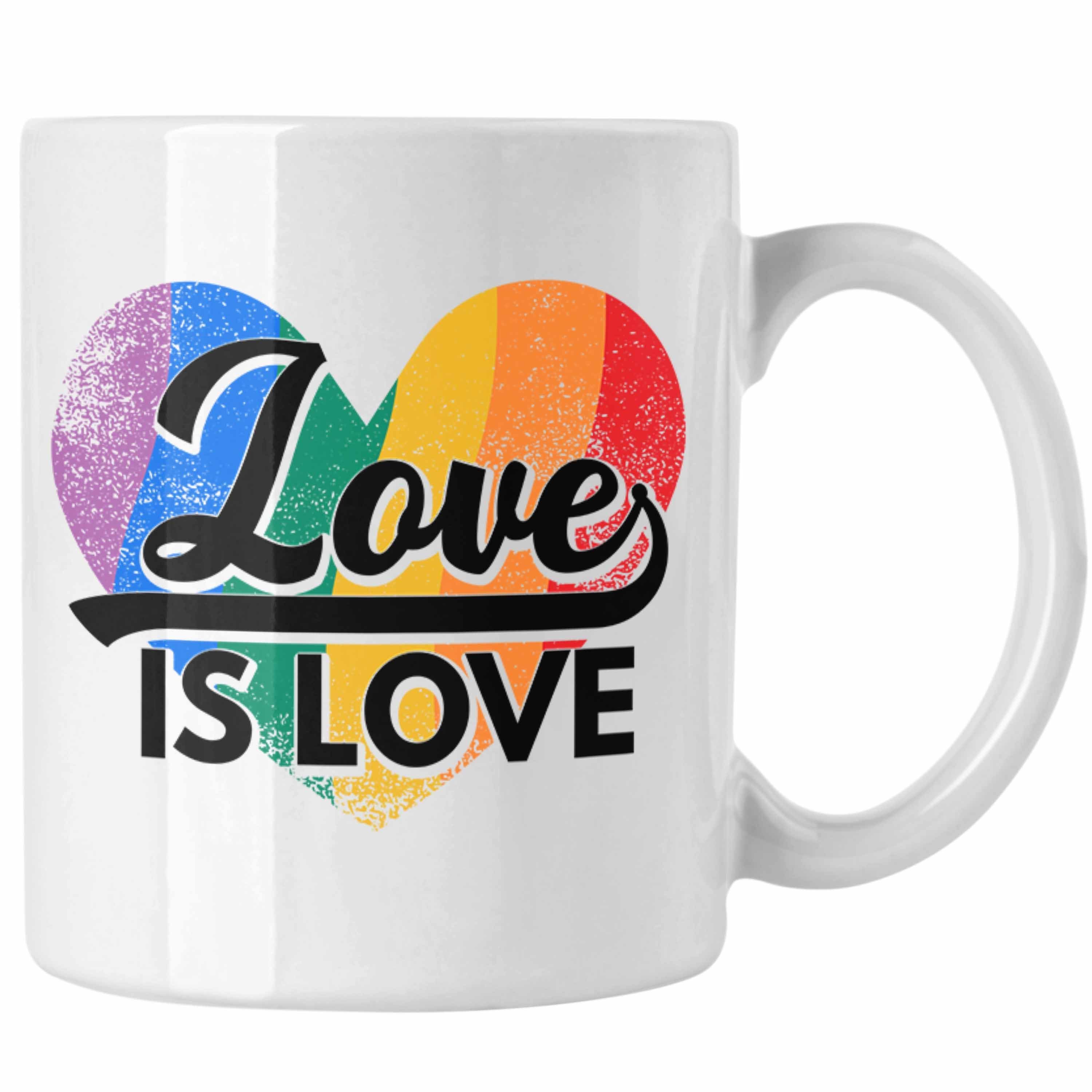 Trendation Tasse Trendation - LGBT Tasse Geschenk für Schwule Lesben Transgender Regenbogen Lustige Grafik Regenbogen Love Is Love Weiss
