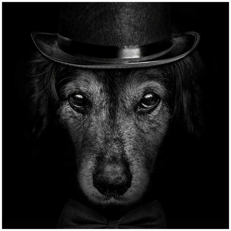 Wallario Acrylglasbild, Eleganter Hund mit Zylinder in schwarz-weiß, in verschiedenen Ausführungen