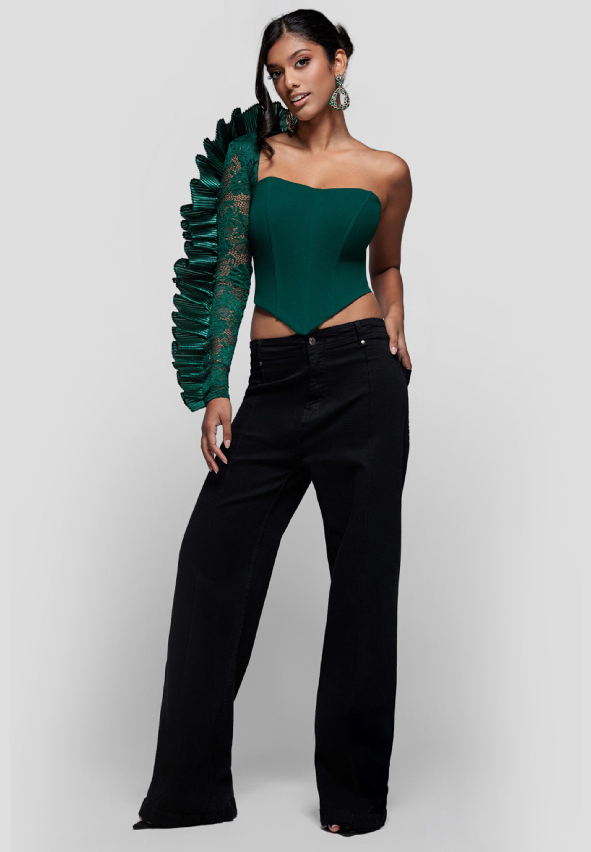 Goddiva Langarmbluse One Shoulder Fan Pleat Frill Corset Top One Shoulder Fan Pleat Frill Corset
