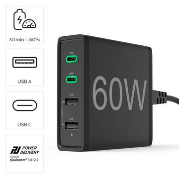 Hama 4fach USB-Ladestation 60 Watt Ladegerät, 2x USB-C PD, 2x USB Multiport USB-Ladegerät