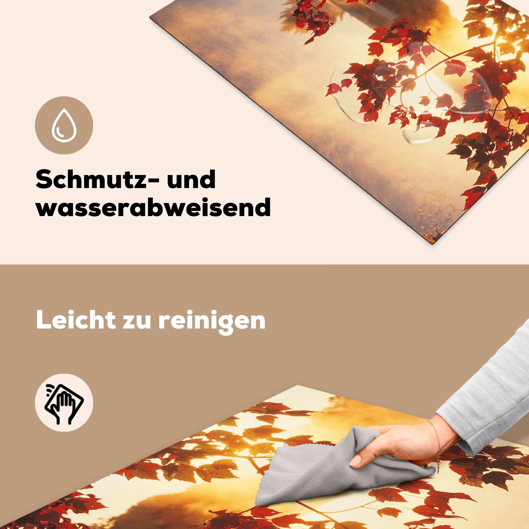 MuchoWow Herdblende-/Abdeckplatte Baum - tlg), die Vinyl, Schutz Ceranfeldabdeckung für (1 cm, - Rot küche, Herbst, 81x52 Induktionskochfeld