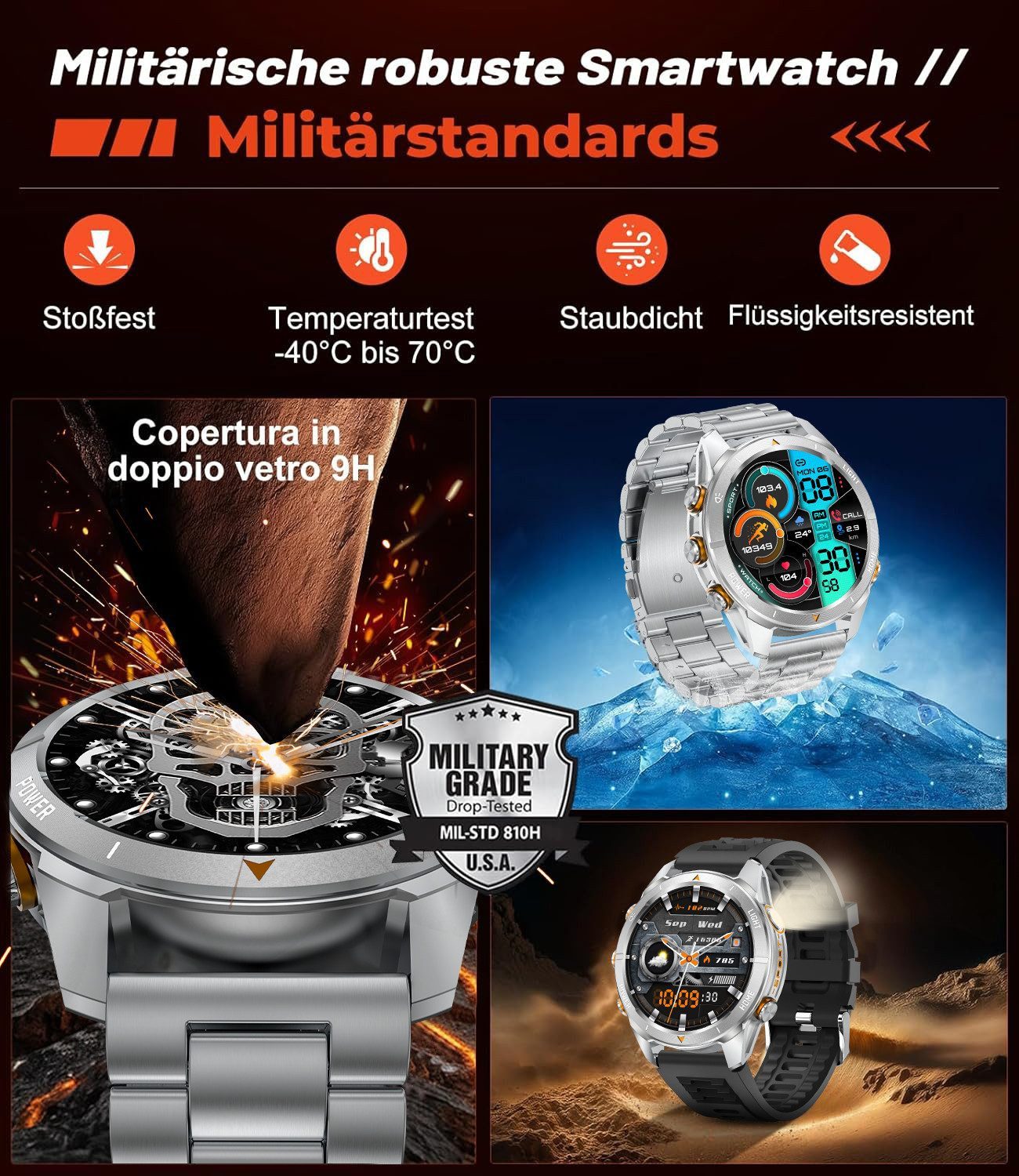 SWGOTA Smartwatch Herren Militär mit 800mAh großer Akku 1,46" AMOLED-Display Smartwatch, Fitnesstracker mit 100+ Sportmodi/Herzfrequenz/Blutdruck/SpO2, Fitnessuhr Herren für Android iOS mit Schlafüberwachung