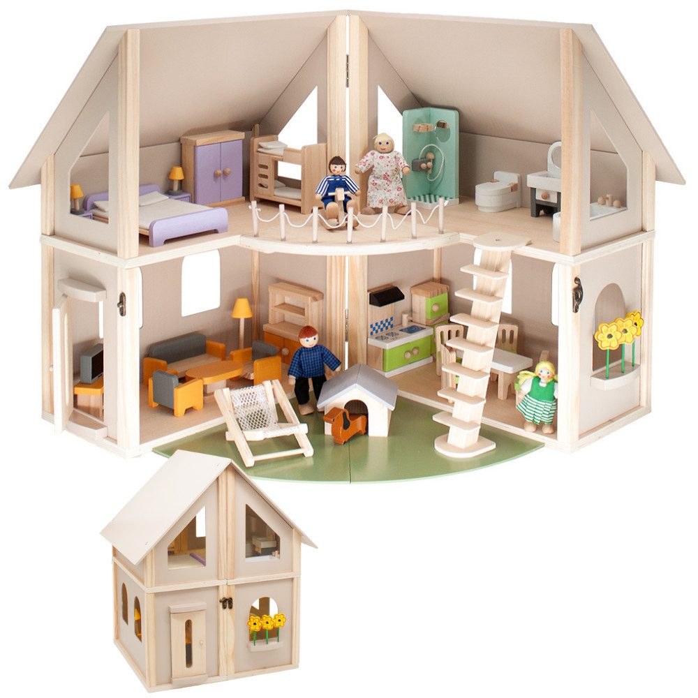 howa Puppenhaus, aus Holz klappbar inkl. 30tlg. Möbelset, 4 Puppen und Hund günstig online kaufen
