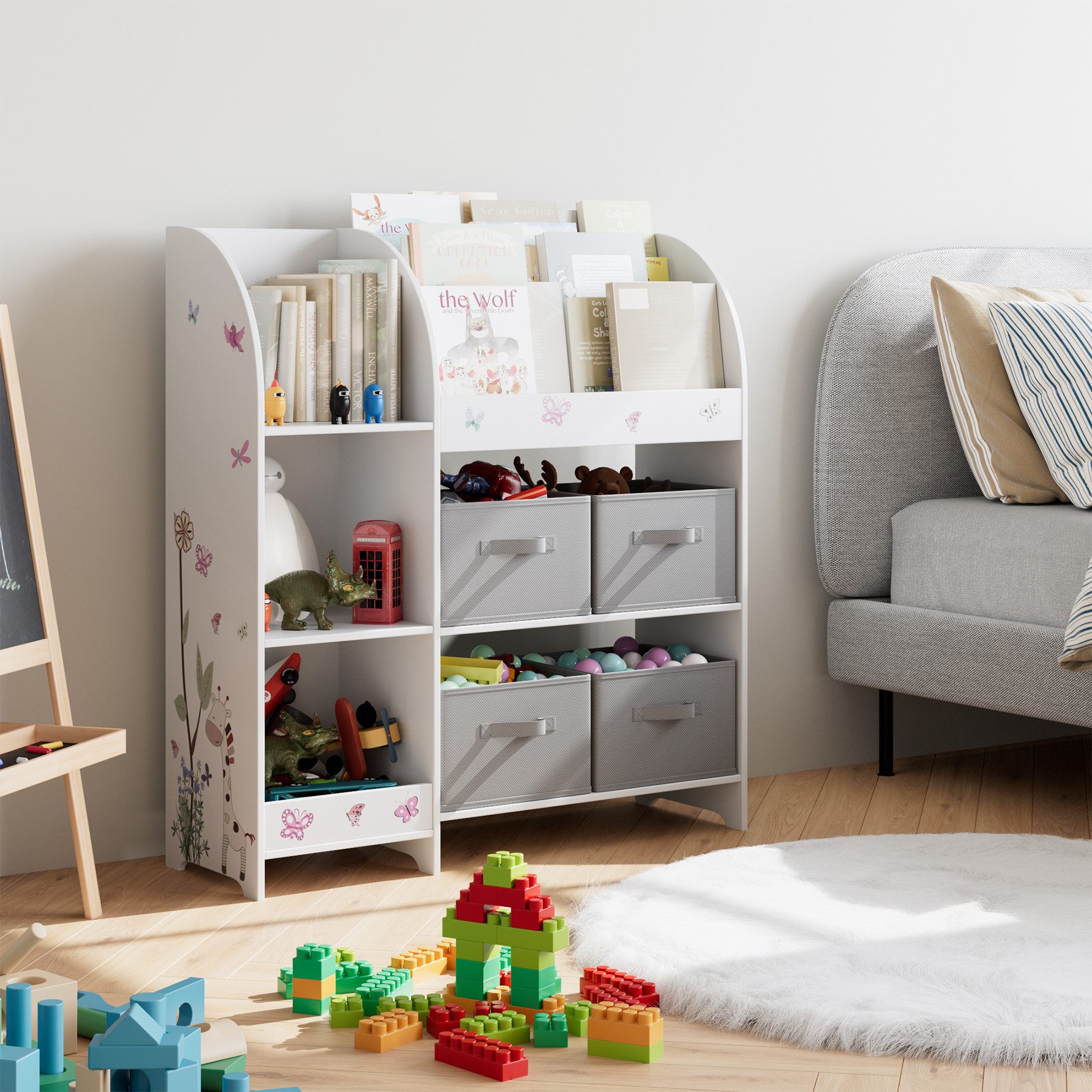 HOMECHO Spielzeugtruhe, Kinderregal mit 4 Stoffschubladen, Weiß, Kinderzimmer